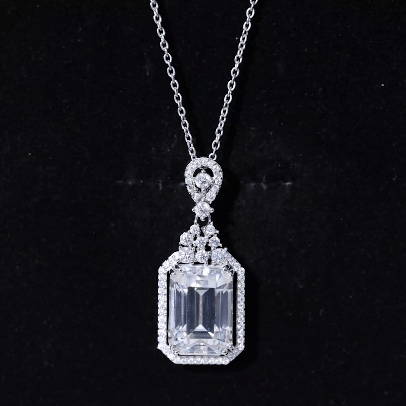 10X14 MM Emerald Cut Moissanite Wedding Necklace With Silver Chain