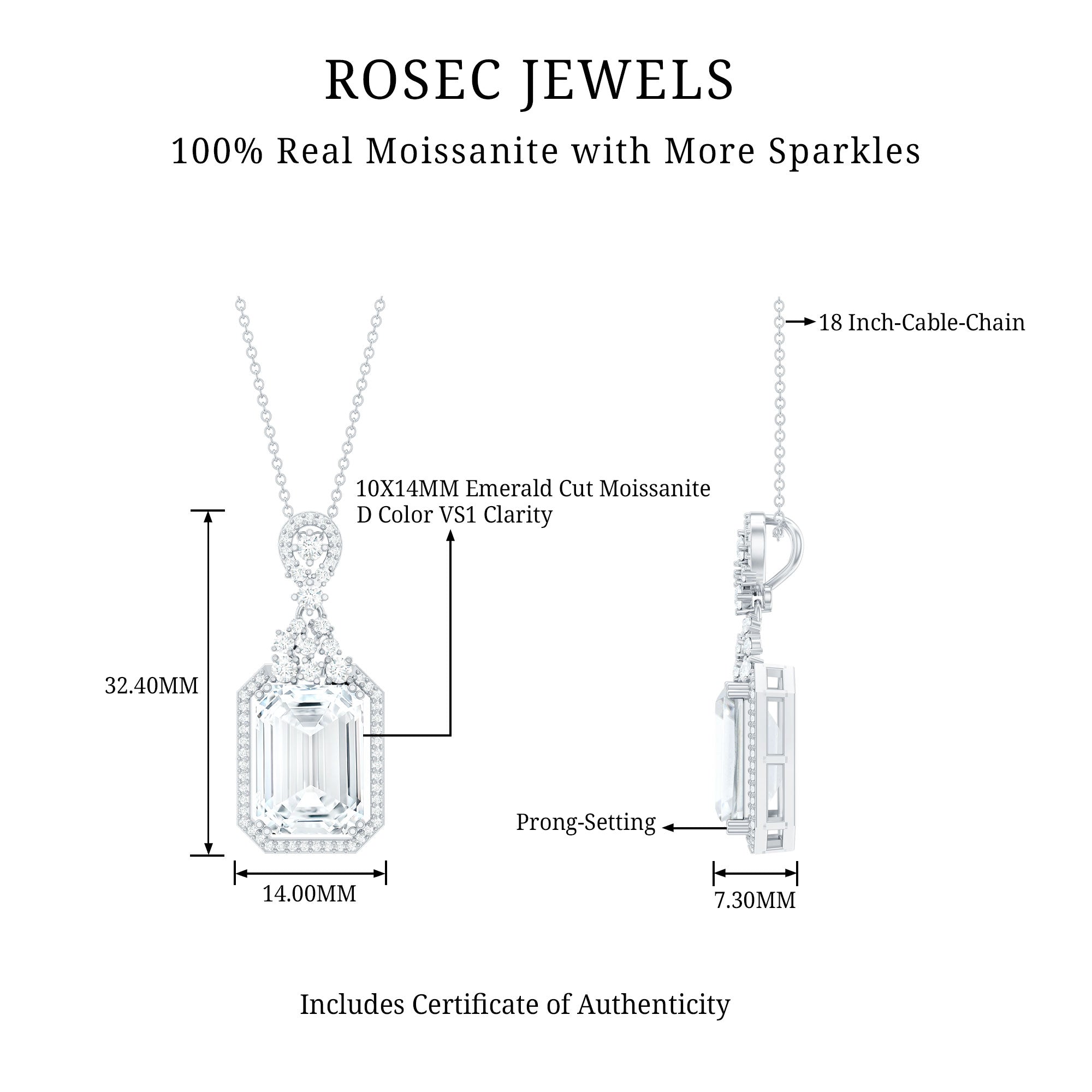 10X14 MM Emerald Cut Moissanite Wedding Necklace With Silver Chain