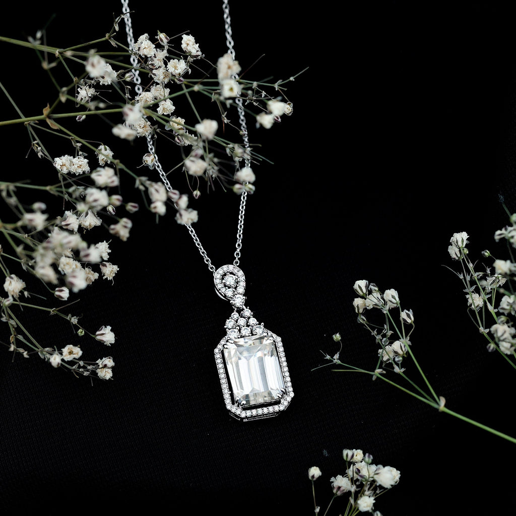 10X14 MM Emerald Cut Moissanite Wedding Necklace With Silver Chain