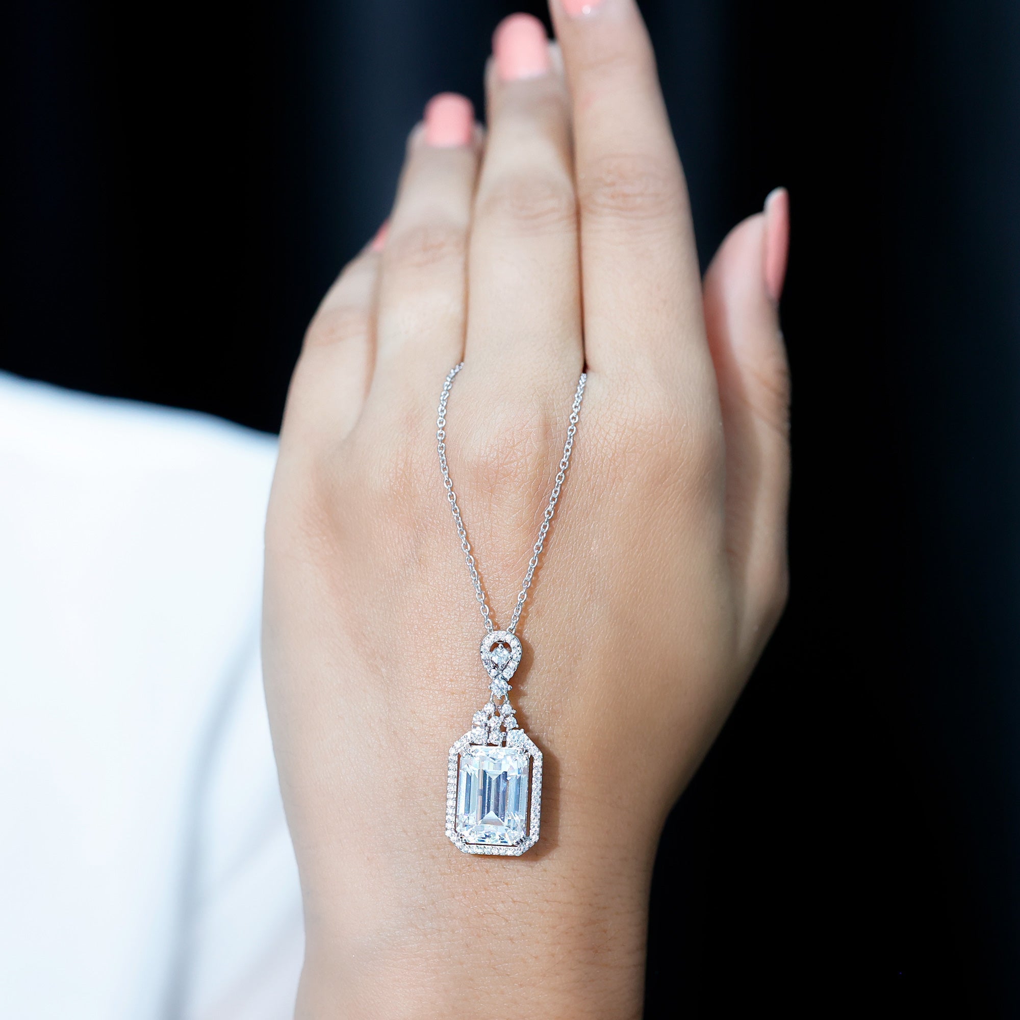 10X14 MM Emerald Cut Moissanite Wedding Necklace With Silver Chain