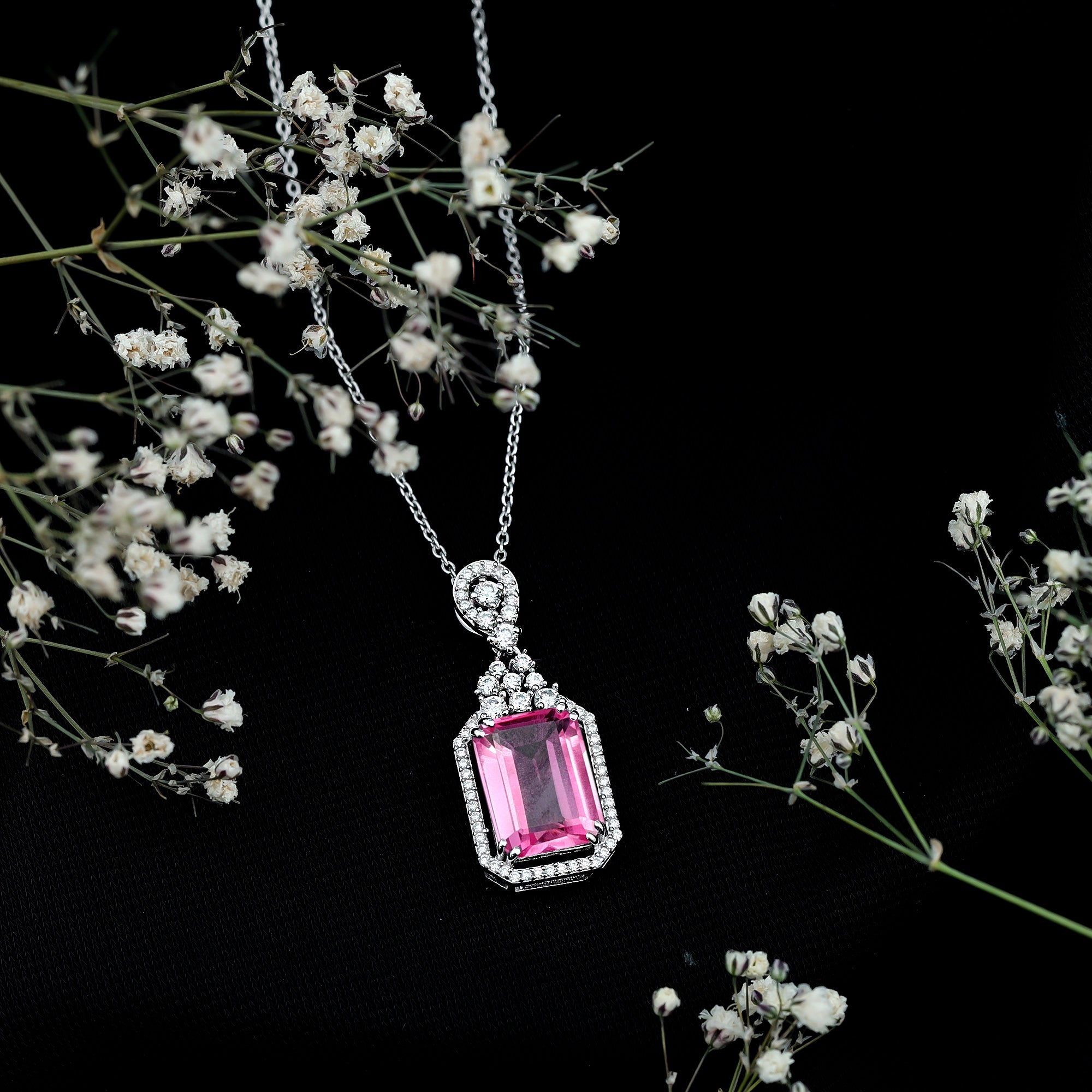10X14 MM Lab Grown Pink Sapphire Art Deco Necklace With Silver Chain