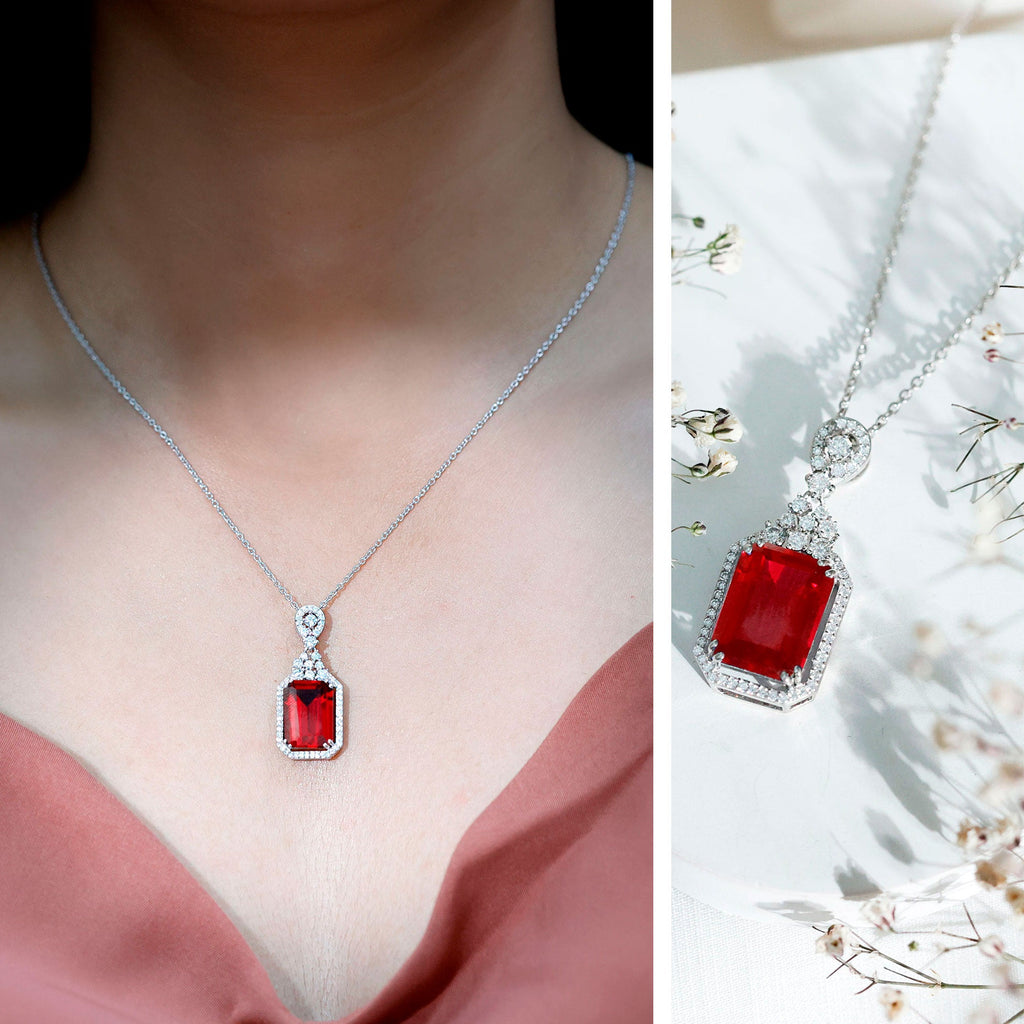 Certified 10X14 MM Lab Grown Ruby Vintage Necklace With Silver Chain