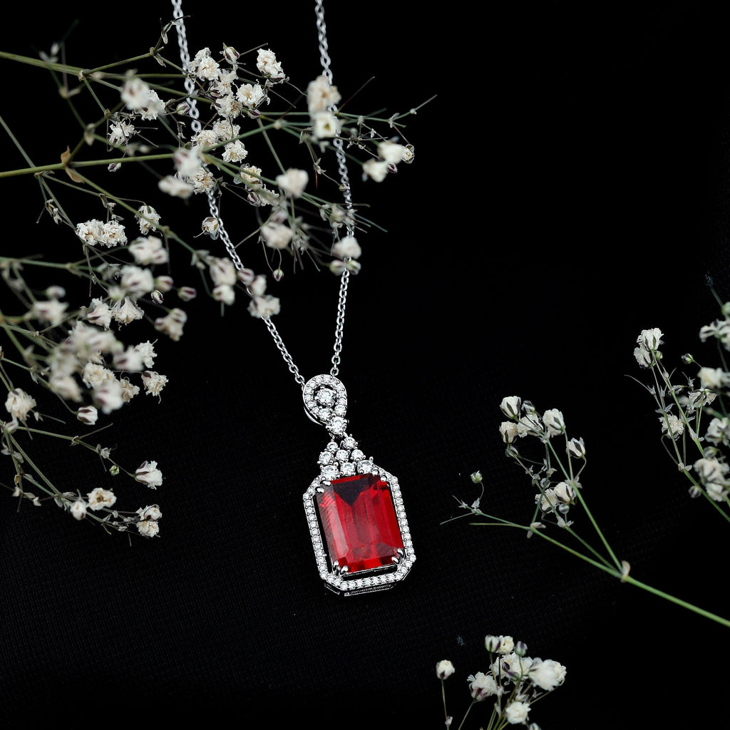 Certified 10X14 MM Lab Grown Ruby Vintage Necklace With Silver Chain