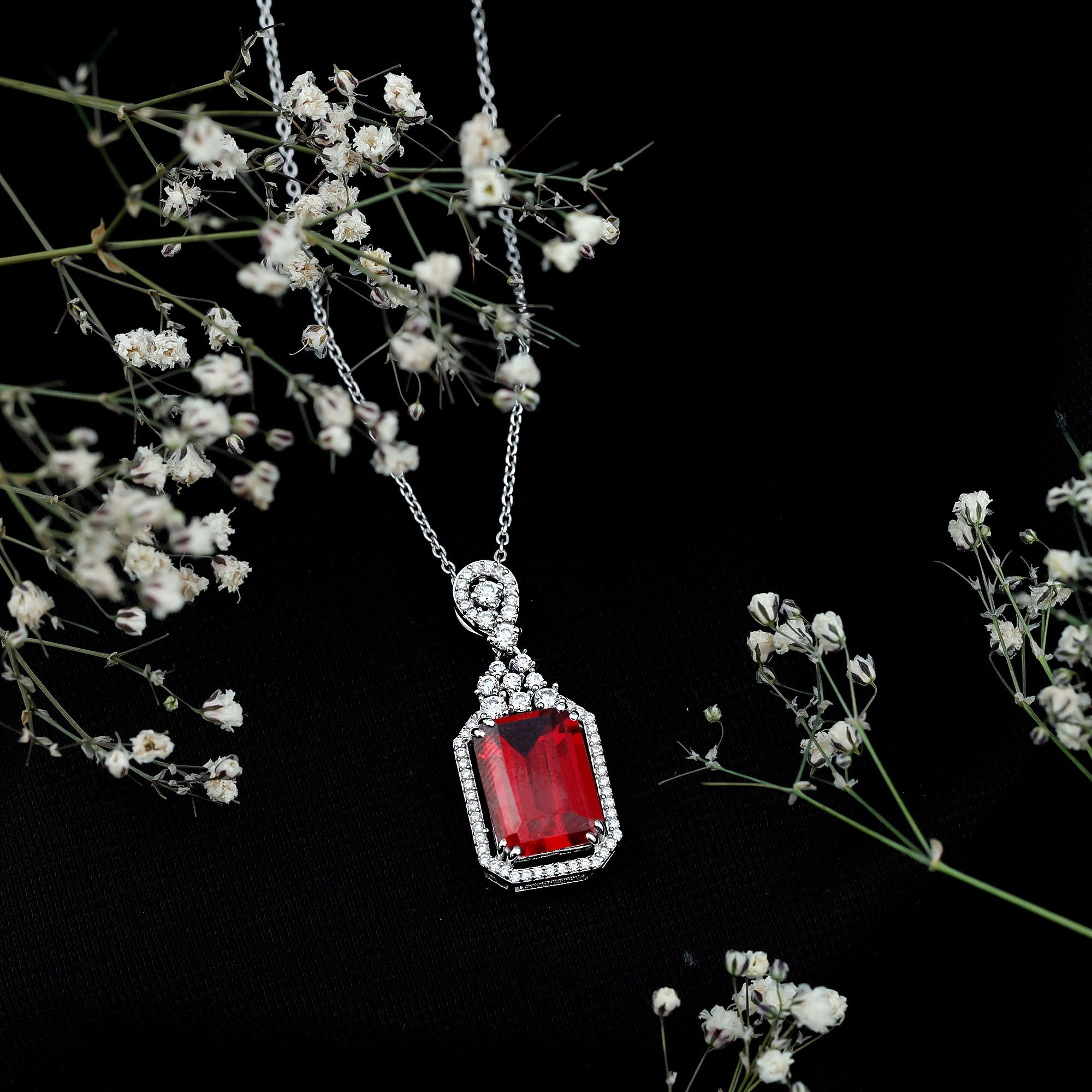 Certified 10X14 MM Lab Grown Ruby Vintage Necklace With Silver Chain