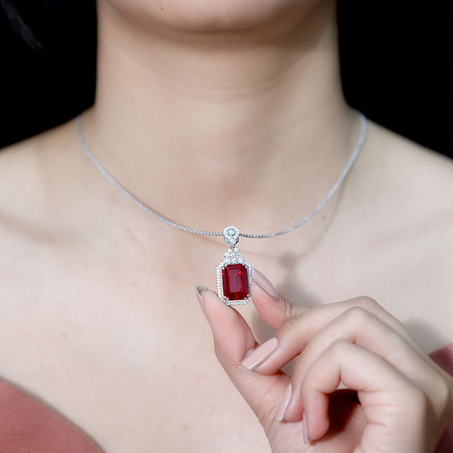 Certified 10X14 MM Lab Grown Ruby Vintage Necklace With Silver Chain