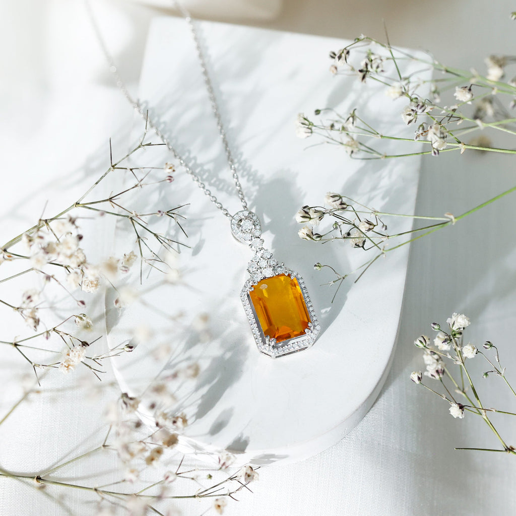 Certified 10X14 MM Lab Grown Yellow Sapphire Art Deco Necklace