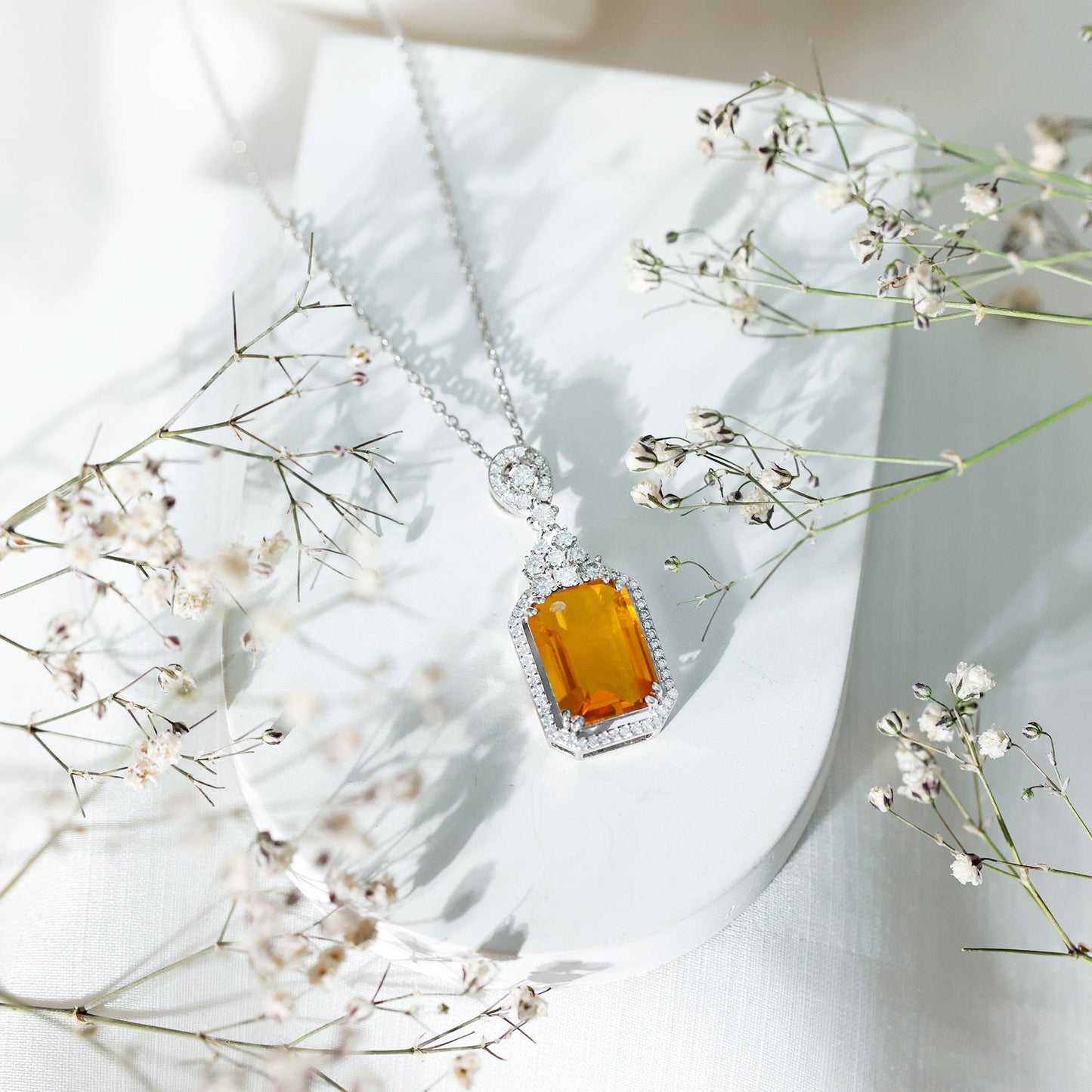 Certified 10X14 MM Lab Grown Yellow Sapphire Art Deco Necklace