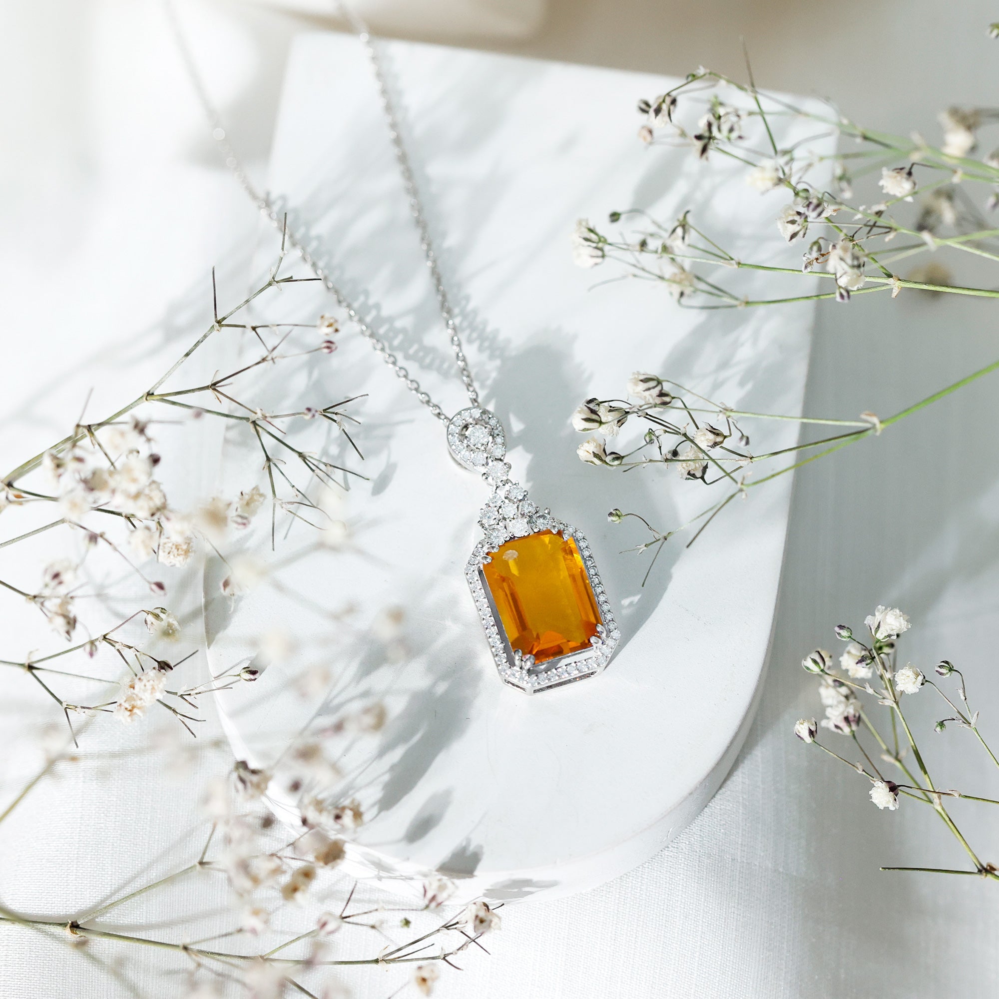 Certified 10X14 MM Lab Grown Yellow Sapphire Art Deco Necklace