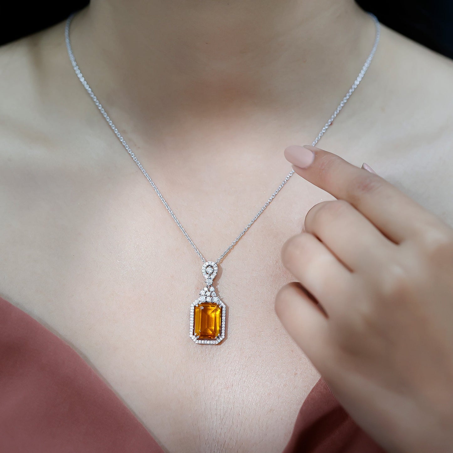 Certified 10X14 MM Lab Grown Yellow Sapphire Art Deco Necklace