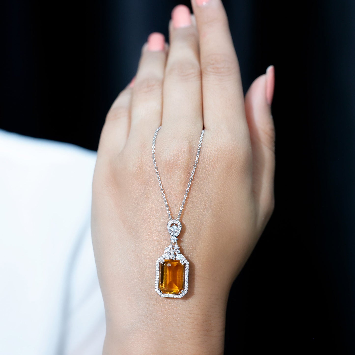 Certified 10X14 MM Lab Grown Yellow Sapphire Art Deco Necklace