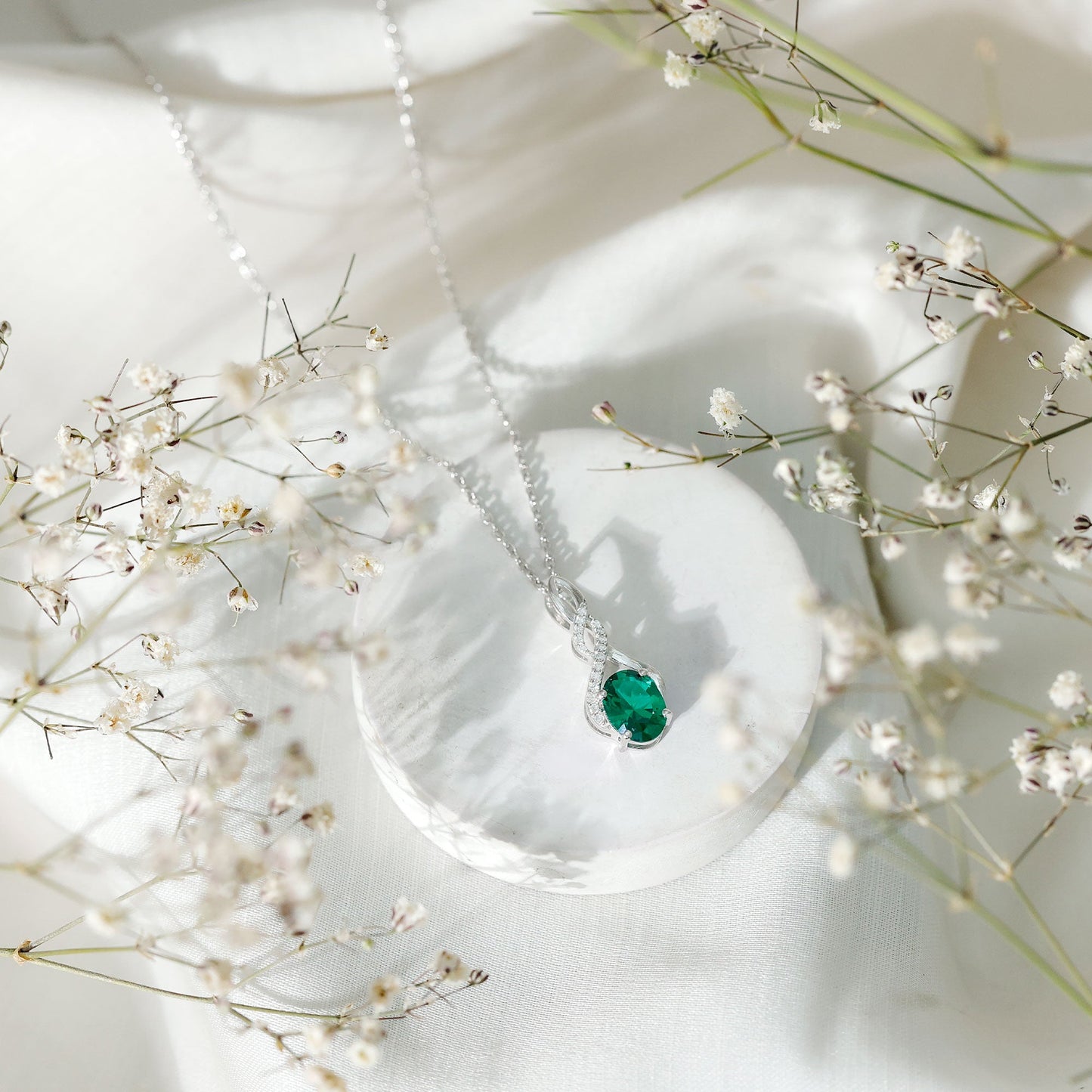 Lab Grown Emerald Moissanite Infinity Pendant Necklace With Silver Chain