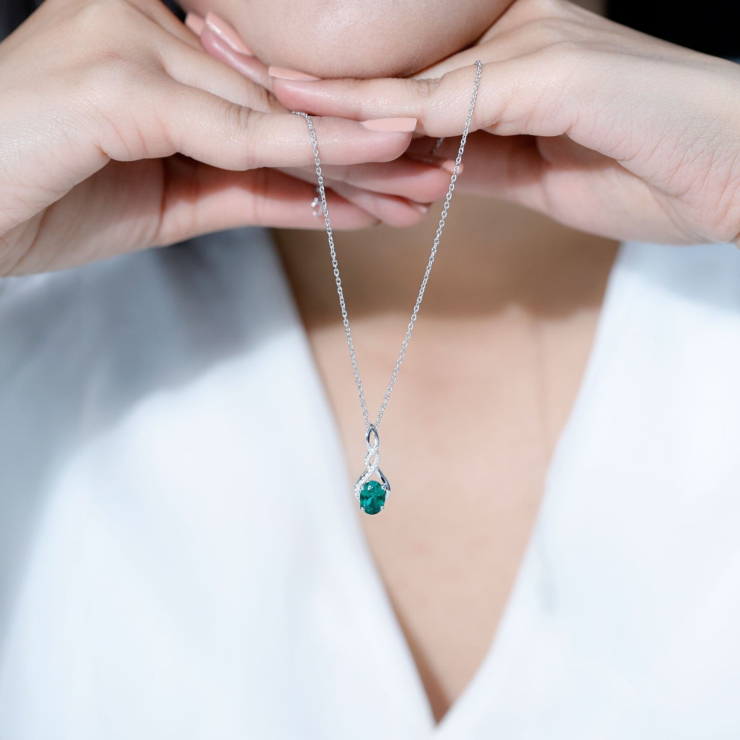 Lab Grown Emerald Moissanite Infinity Pendant Necklace With Silver Chain