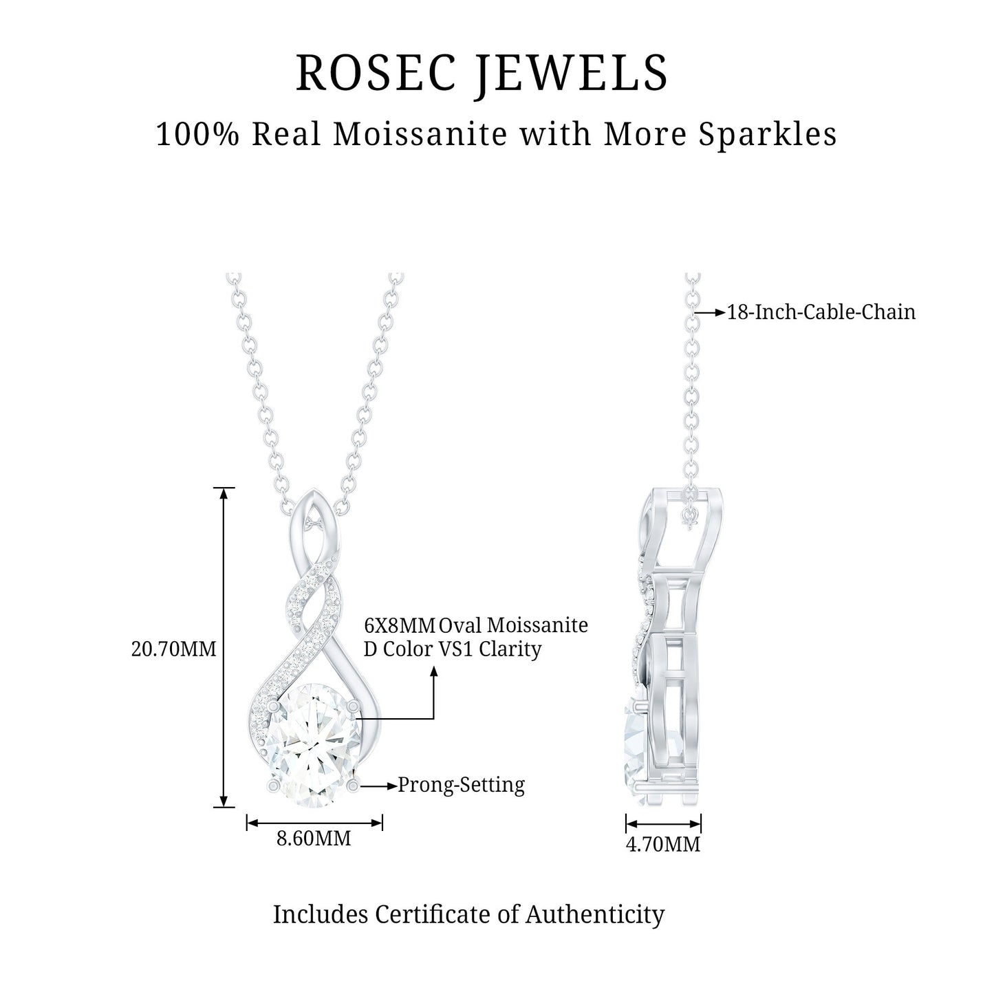 Moissanite Infinity Pendant Necklace in Sterling Silver