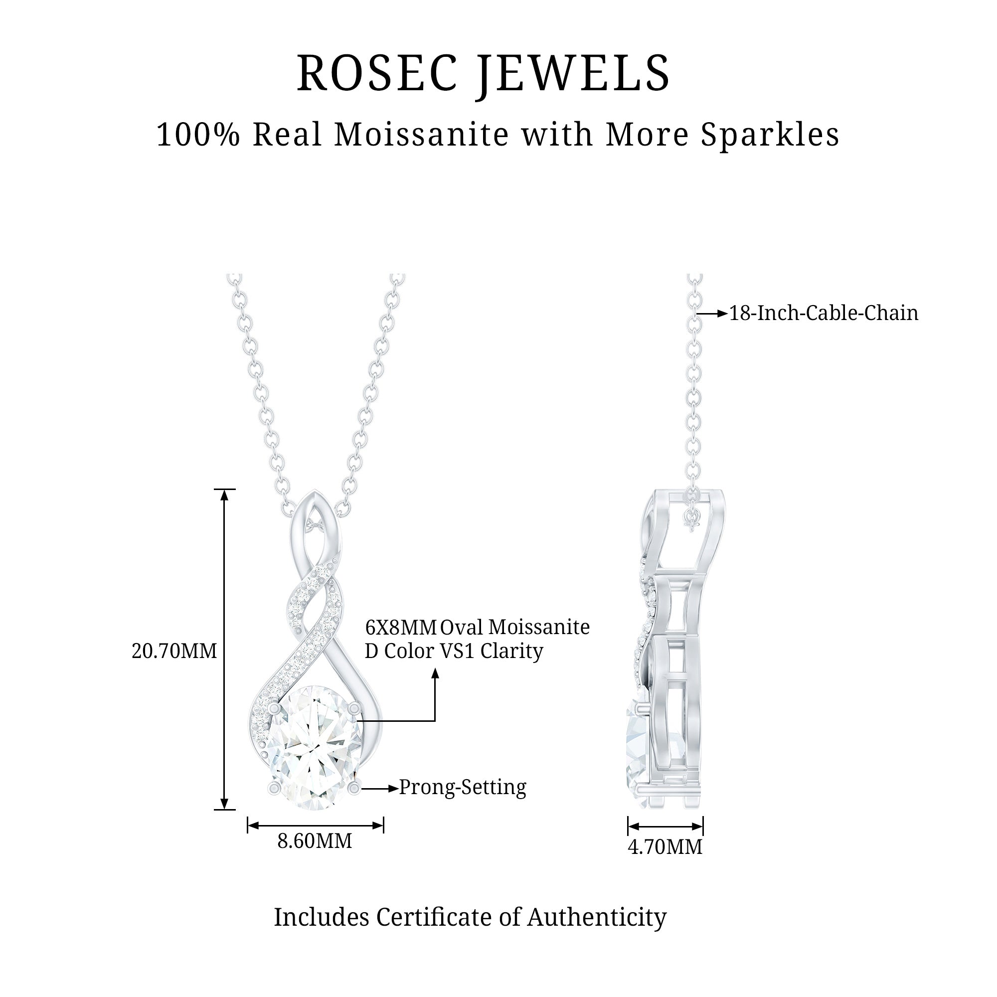 Moissanite Infinity Pendant Necklace in Sterling Silver