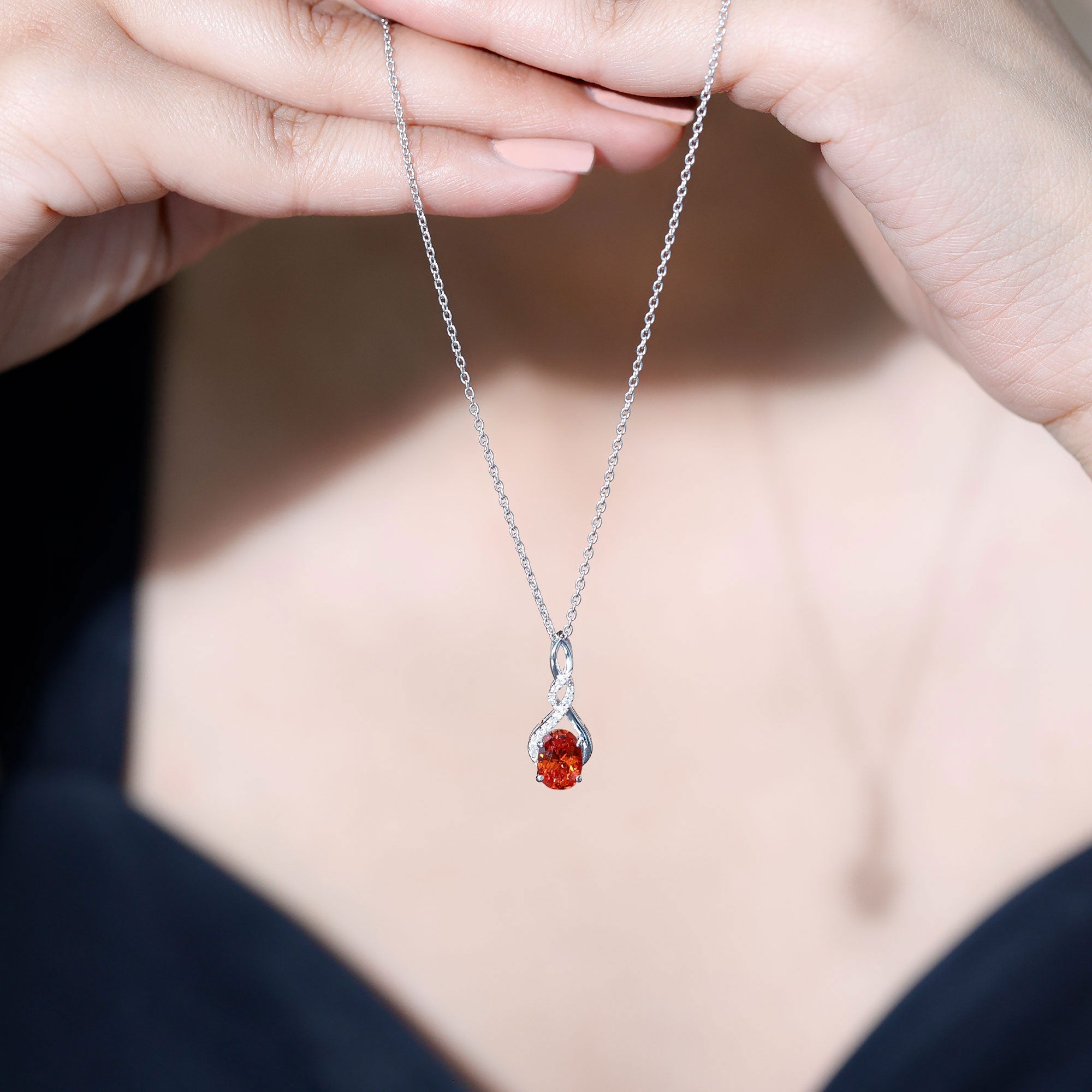 Lab Grown Orange Sapphire Moissanite Pendant Necklace With Silver Chain