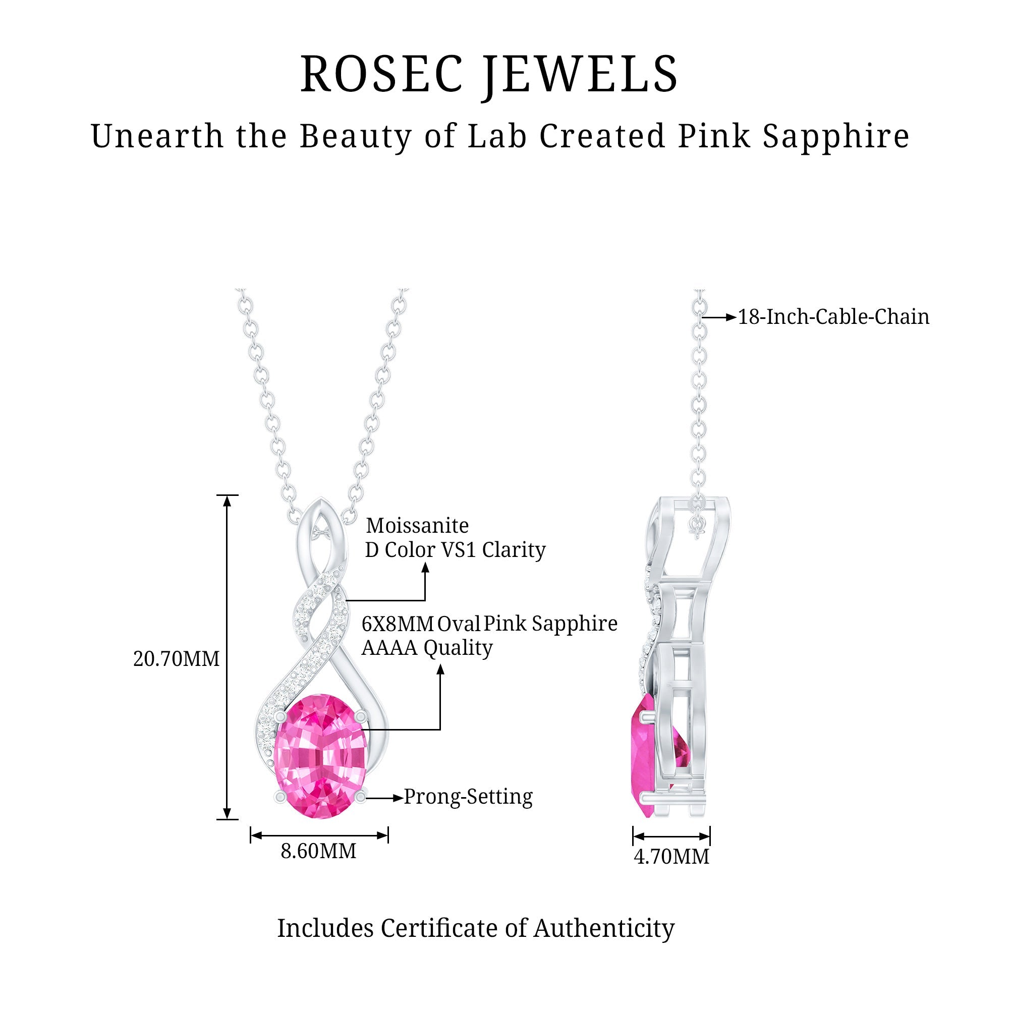 Lab Grown Pink Sapphire Moissanite Infinity Necklace With Chain