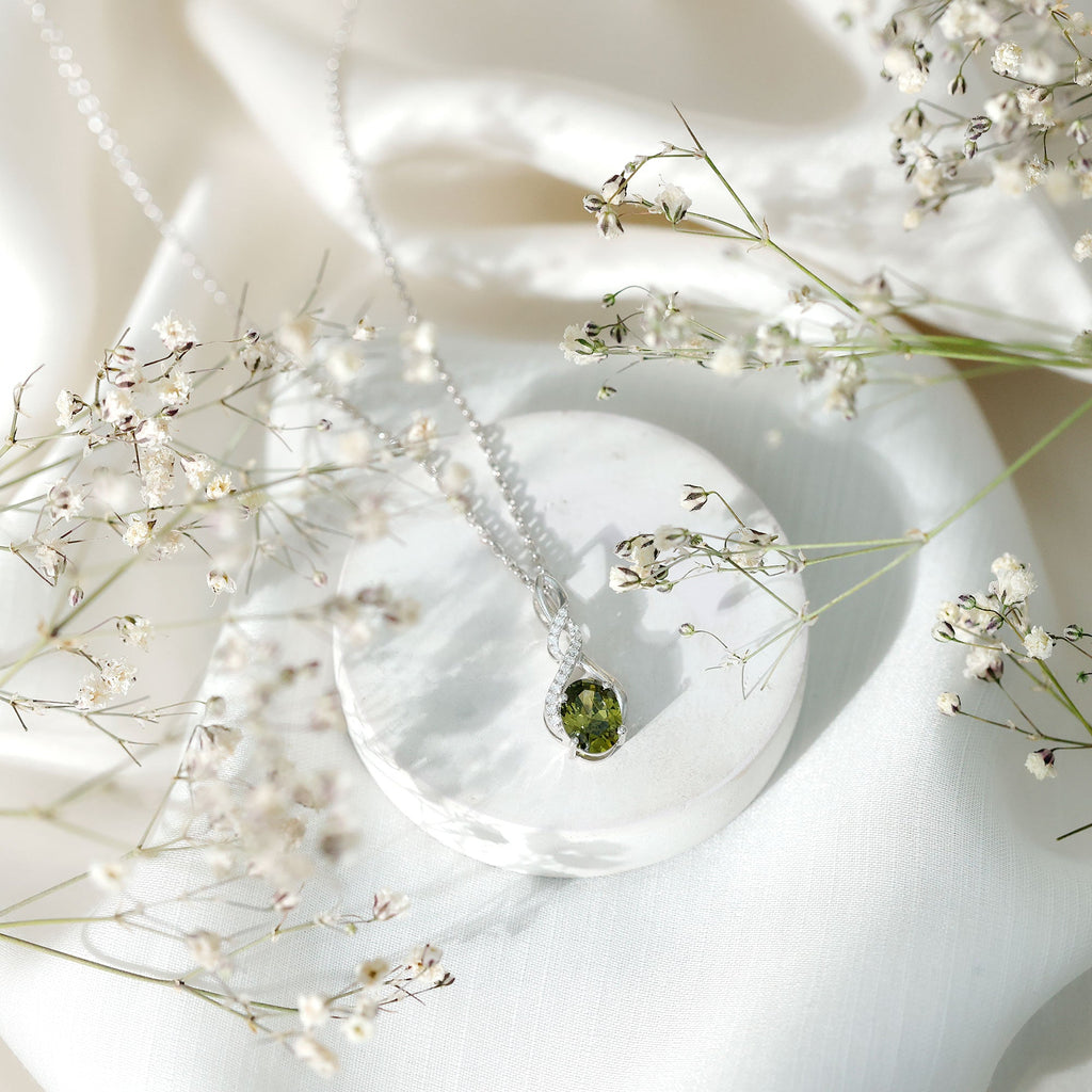 Lab Grown Green Sapphire Infinity Knot Necklace With Silver Chain