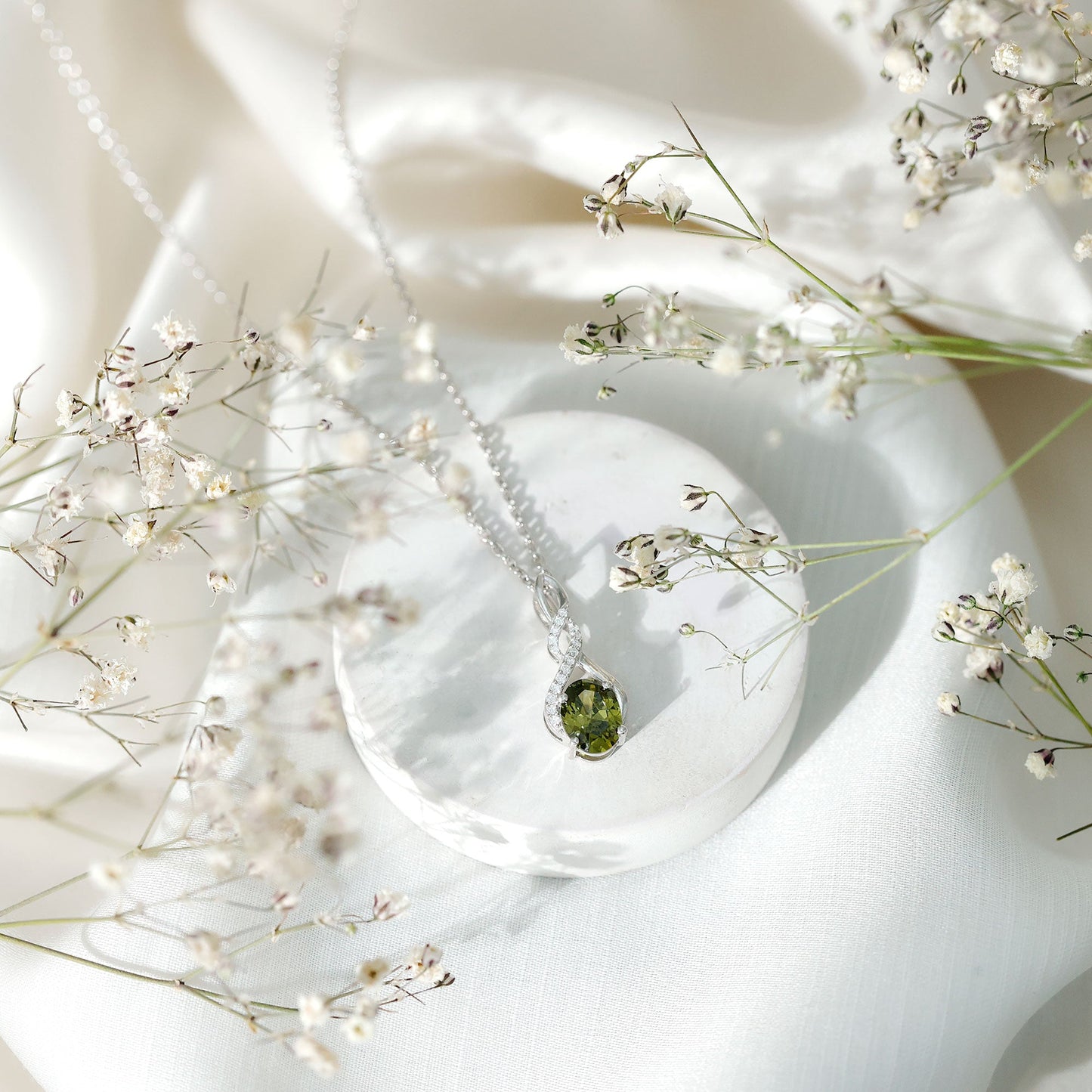 Lab Grown Green Sapphire Infinity Knot Necklace With Silver Chain