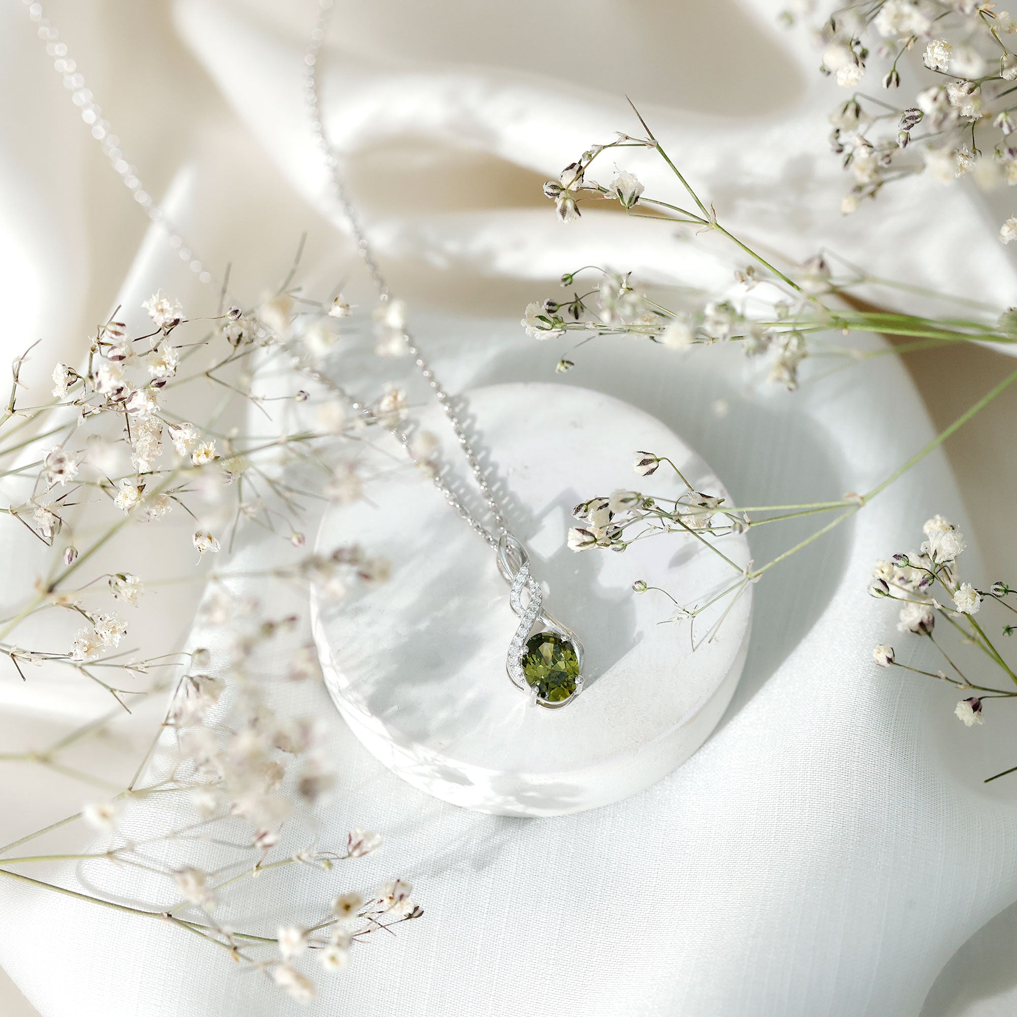 Lab Grown Green Sapphire Infinity Knot Necklace With Silver Chain