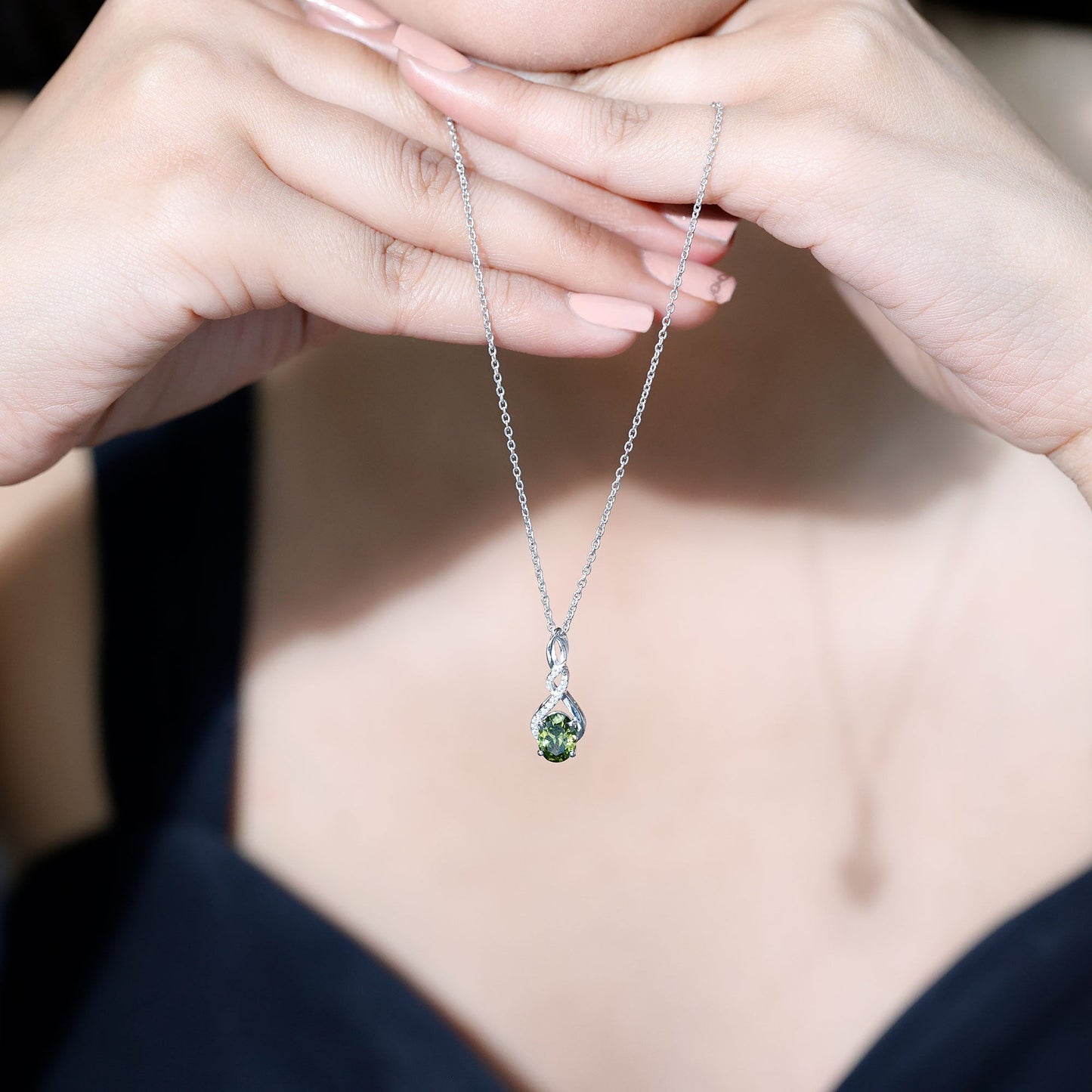 Lab Grown Green Sapphire Infinity Knot Necklace With Silver Chain