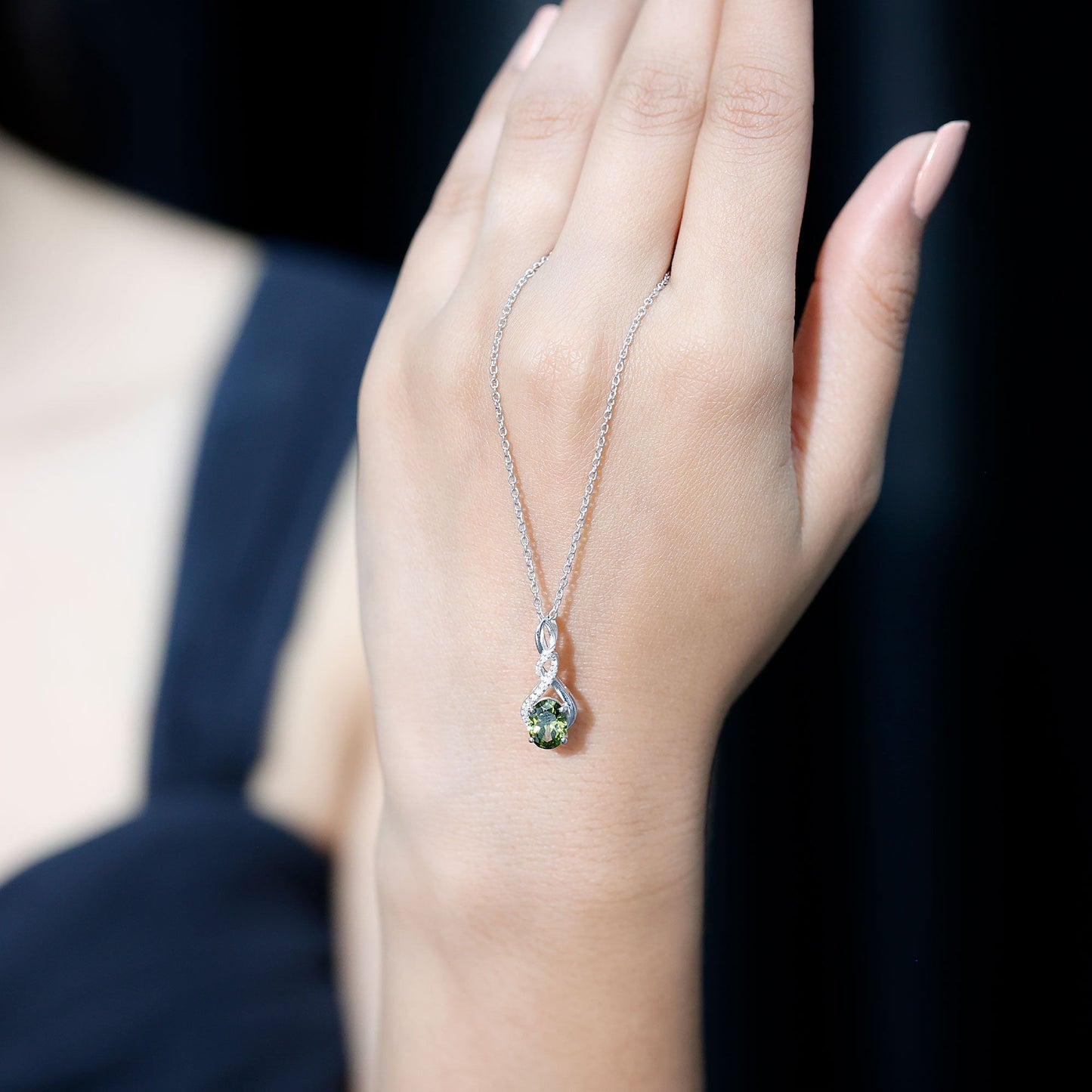 Lab Grown Green Sapphire Infinity Knot Necklace With Silver Chain