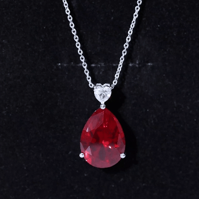 18X13 MM Lab Grown Ruby Teardrop Necklace with Heart Moissanite
