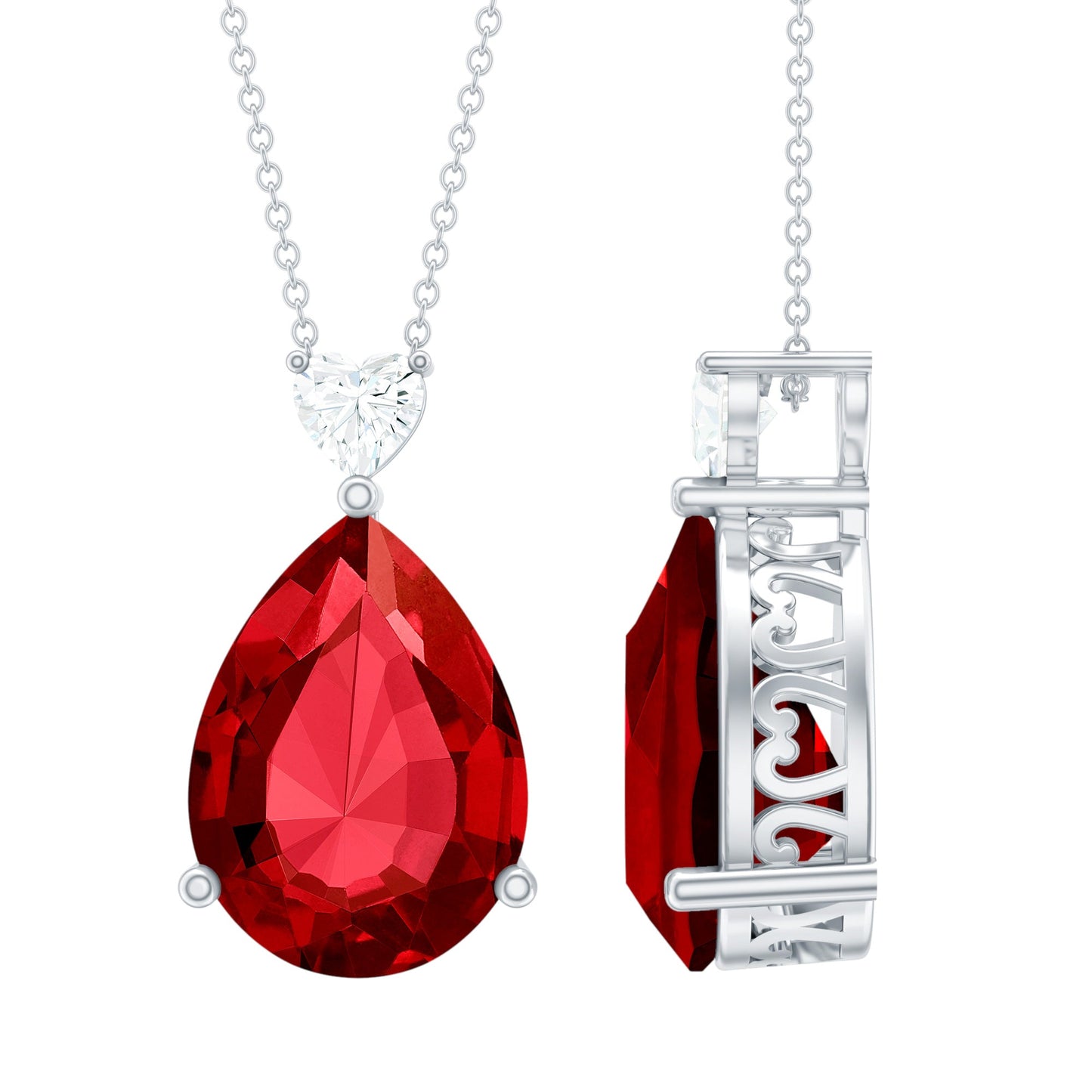 18X13 MM Lab Grown Ruby Teardrop Necklace with Heart Moissanite