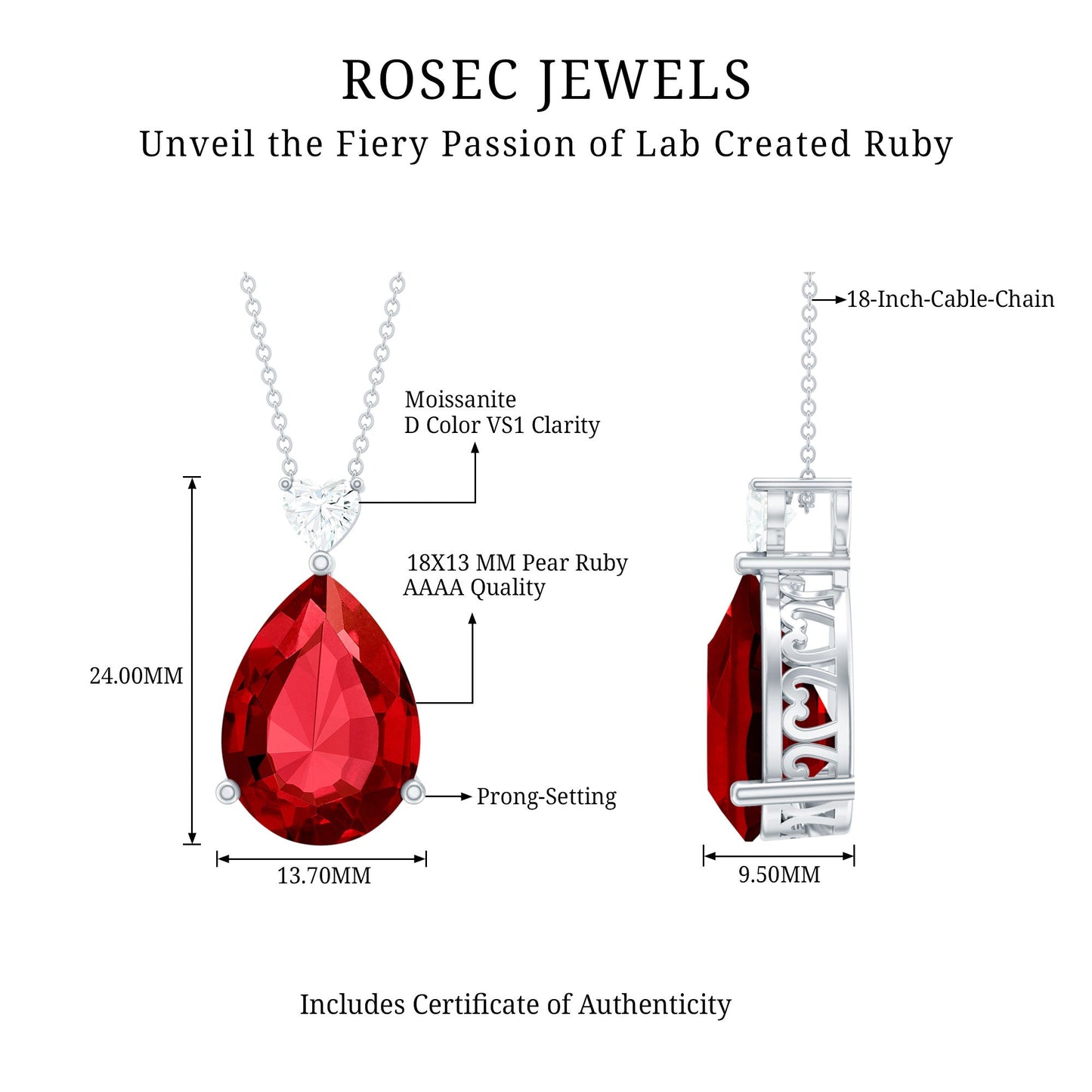 18X13 MM Lab Grown Ruby Teardrop Necklace with Heart Moissanite