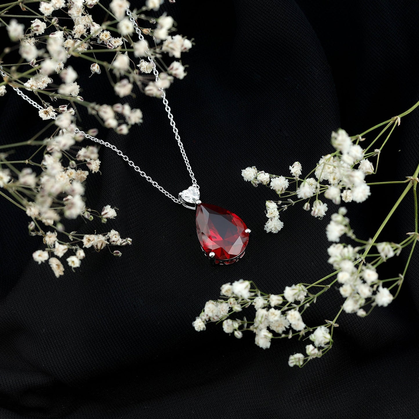 18X13 MM Lab Grown Ruby Teardrop Necklace with Heart Moissanite