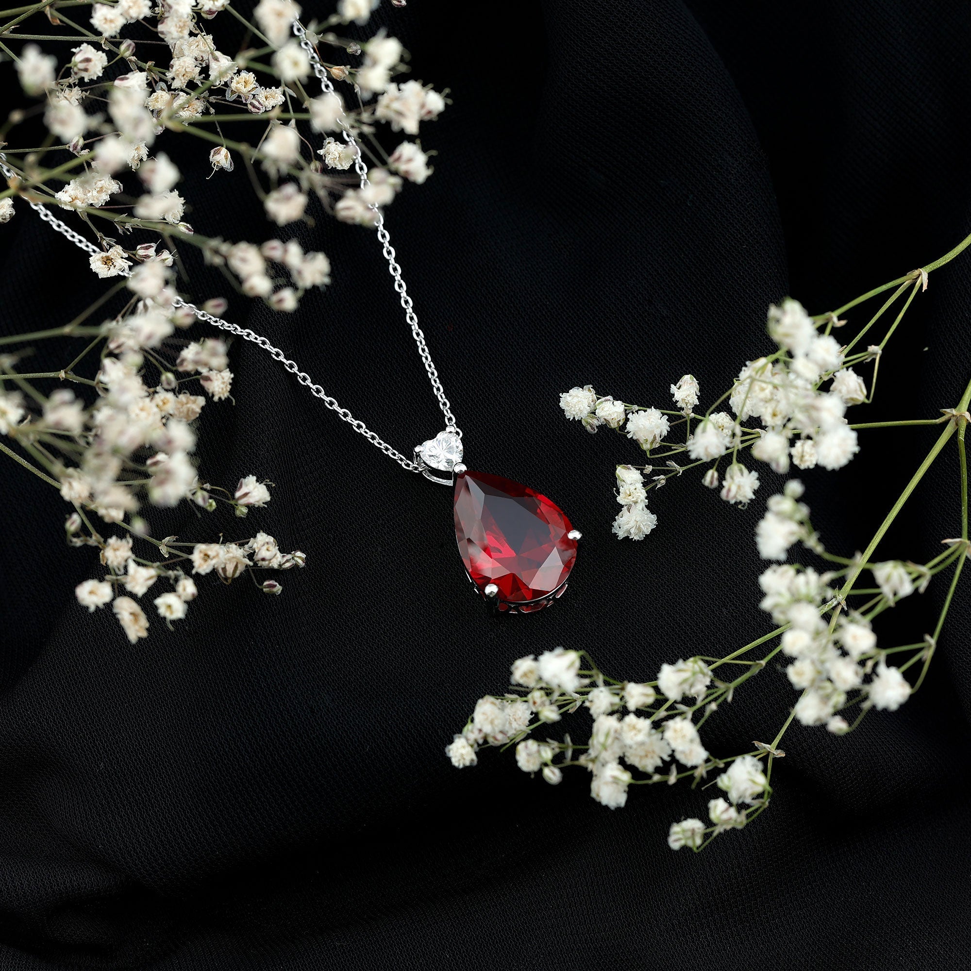 18X13 MM Lab Grown Ruby Teardrop Necklace with Heart Moissanite