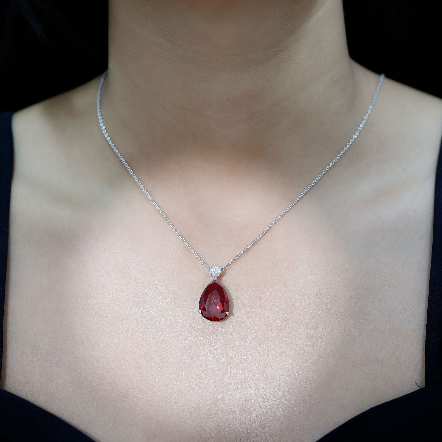 18X13 MM Lab Grown Ruby Teardrop Necklace with Heart Moissanite