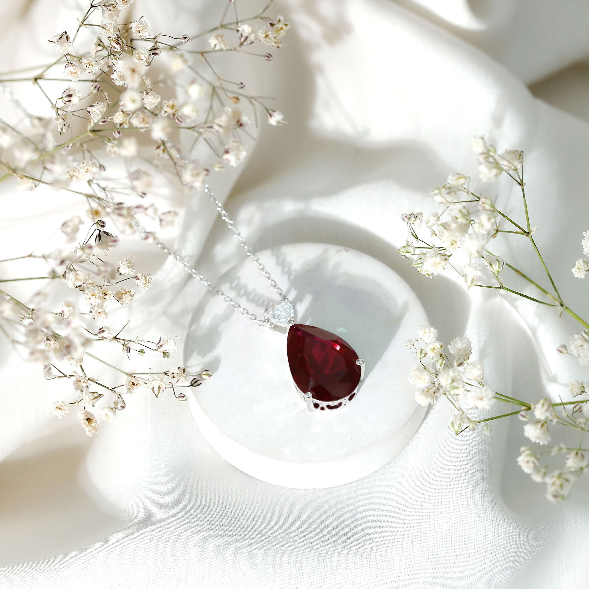 18X13 MM Lab Grown Ruby Teardrop Necklace with Heart Moissanite
