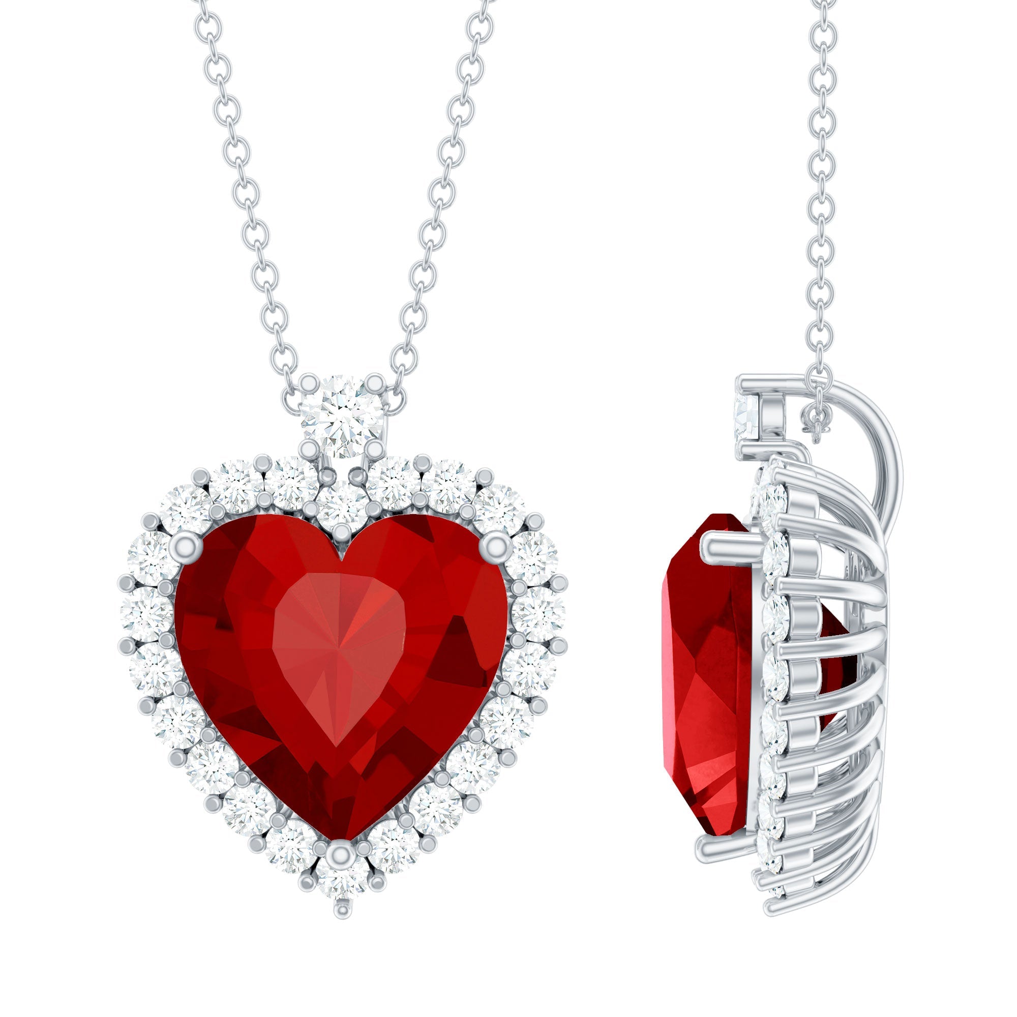 12 MM Lab Grown Ruby Heart Necklace with Moissanite Halo