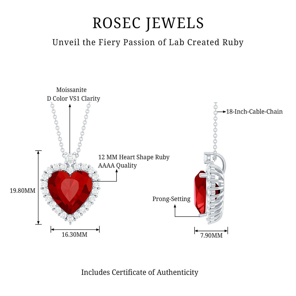 12 MM Lab Grown Ruby Heart Necklace with Moissanite Halo