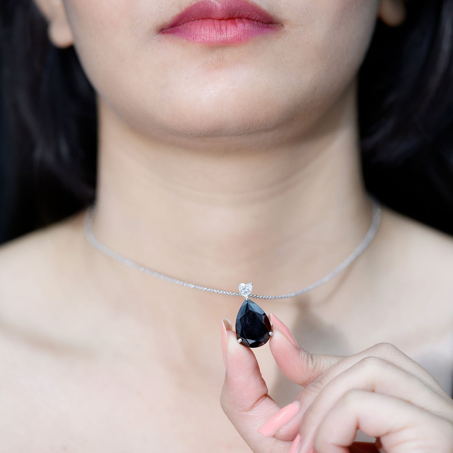 Certified 18X13 MM Lab Grown Black Diamond Cocktail Necklace With Silver Chain