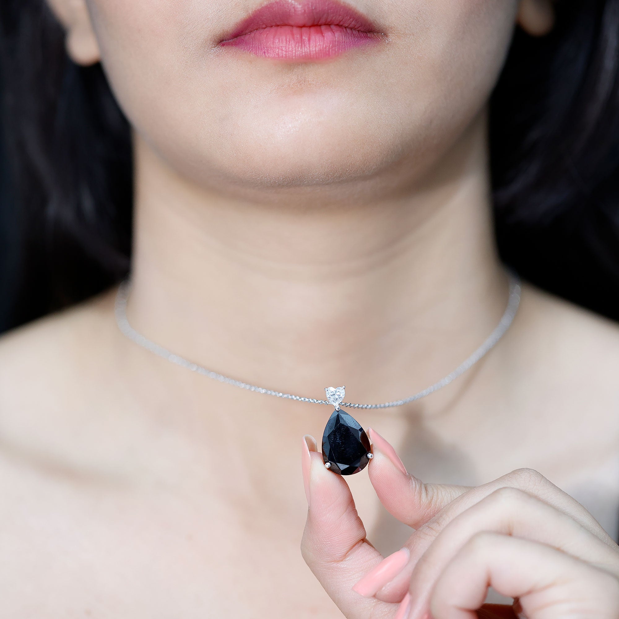 Certified 18X13 MM Lab Grown Black Diamond Cocktail Necklace With Silver Chain