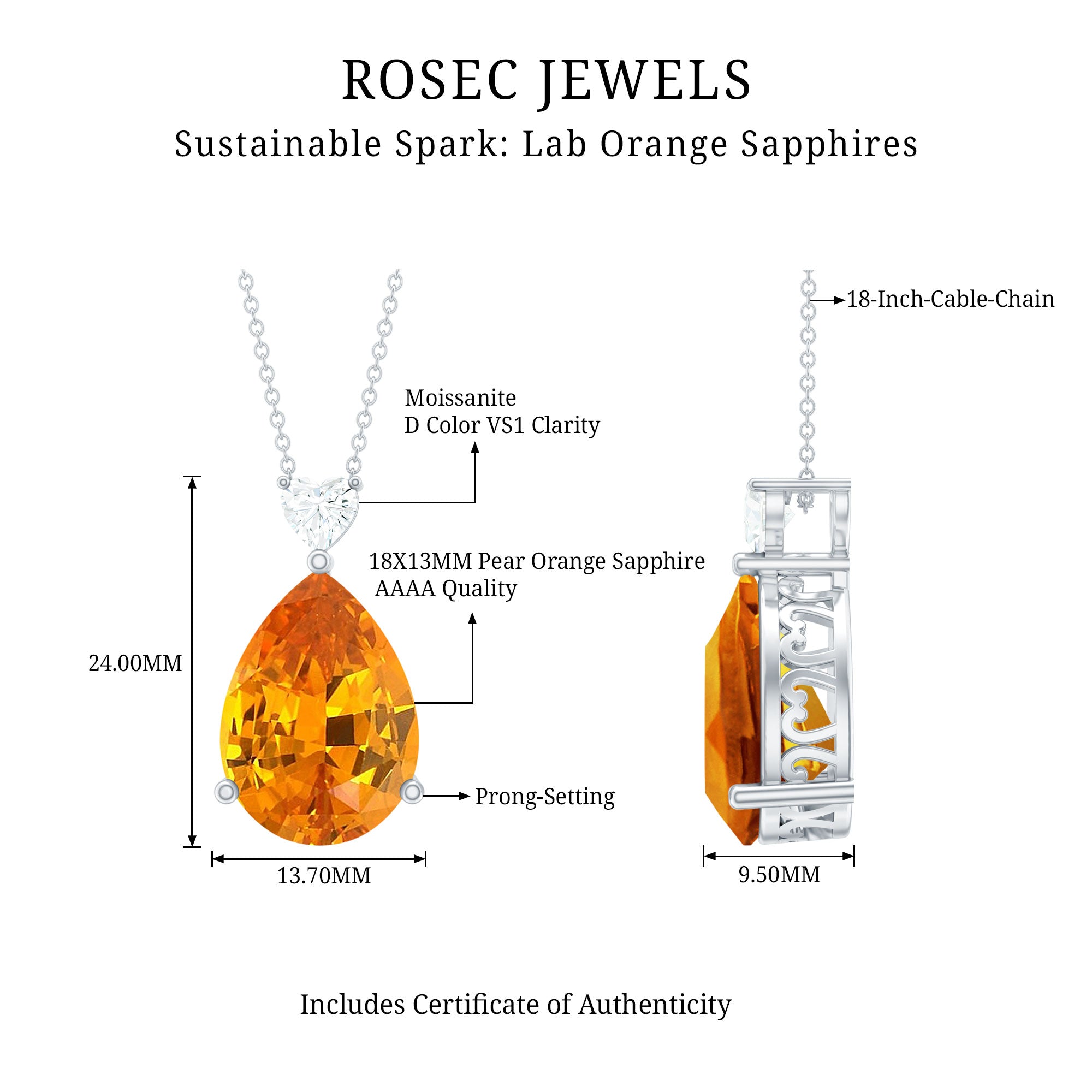 18X13mm Pear Shape Lab Grown Orange Sapphire Teardrop Necklace With Silver Chain
