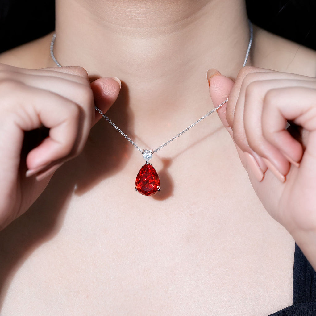 18X13mm Pear Shape Lab Grown Orange Sapphire Teardrop Necklace With Silver Chain