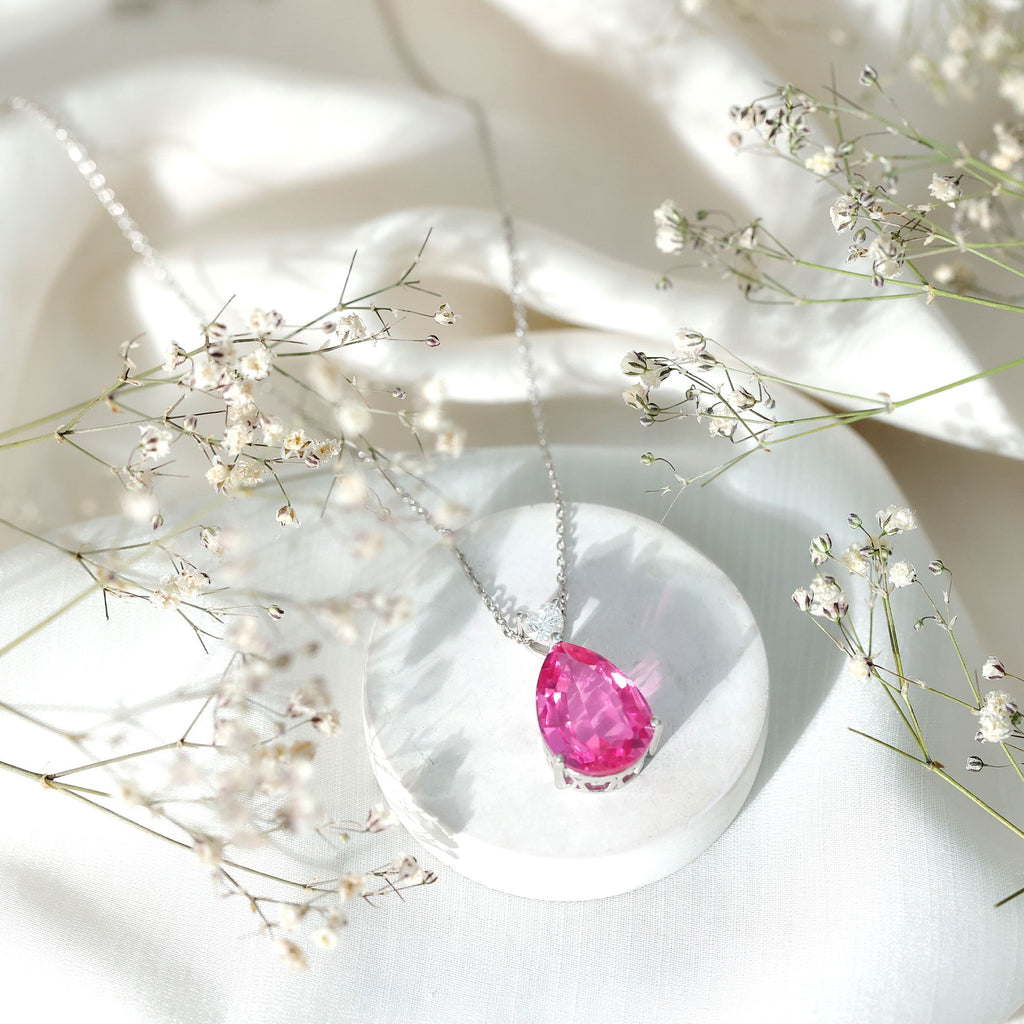 18X13mm Pear Shape Lab Grown Pink Sapphire Cocktail Necklace