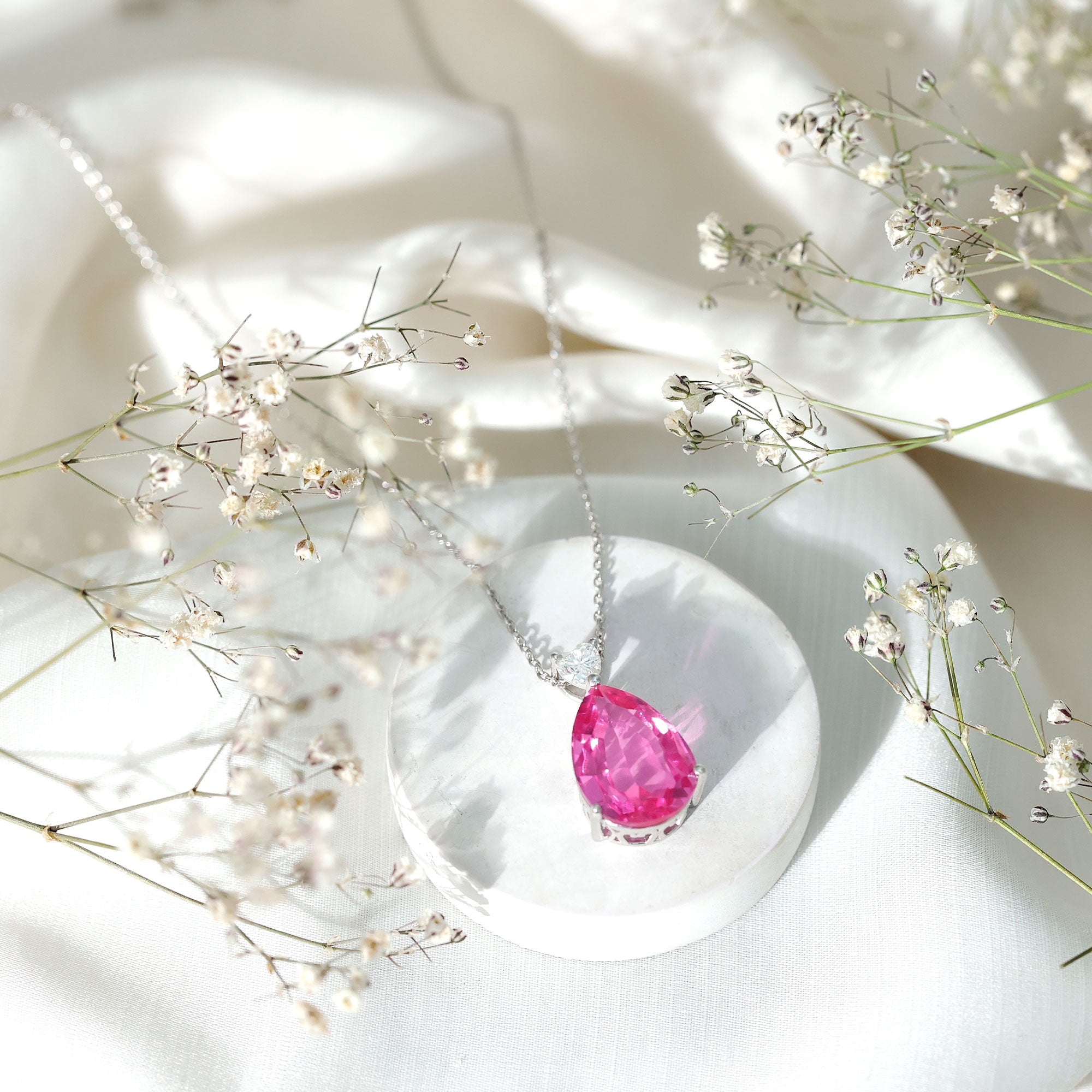 18X13mm Pear Shape Lab Grown Pink Sapphire Cocktail Necklace