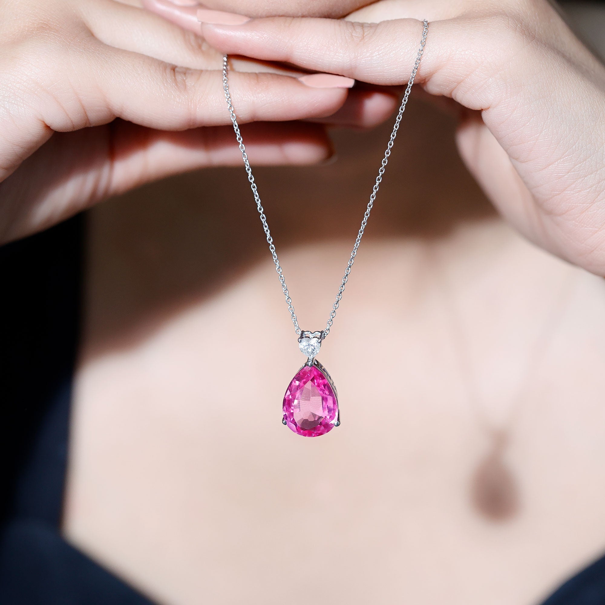 18X13mm Pear Shape Lab Grown Pink Sapphire Cocktail Necklace