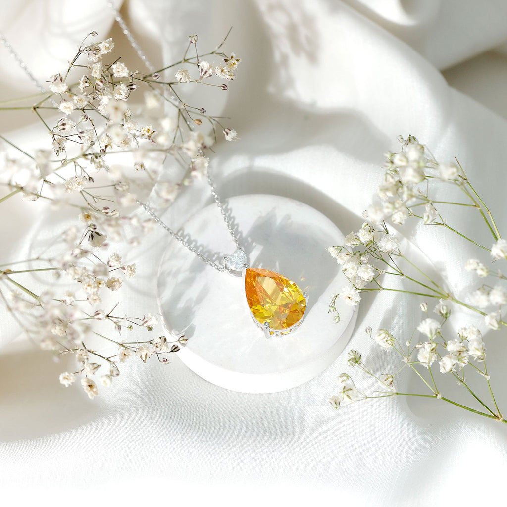 Lab Grown Yellow Sapphire Bridal Pendant Necklace With Silver Chain