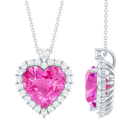 Lab Grown Pink Sapphire 12mm Heart Necklace With Silver Chain