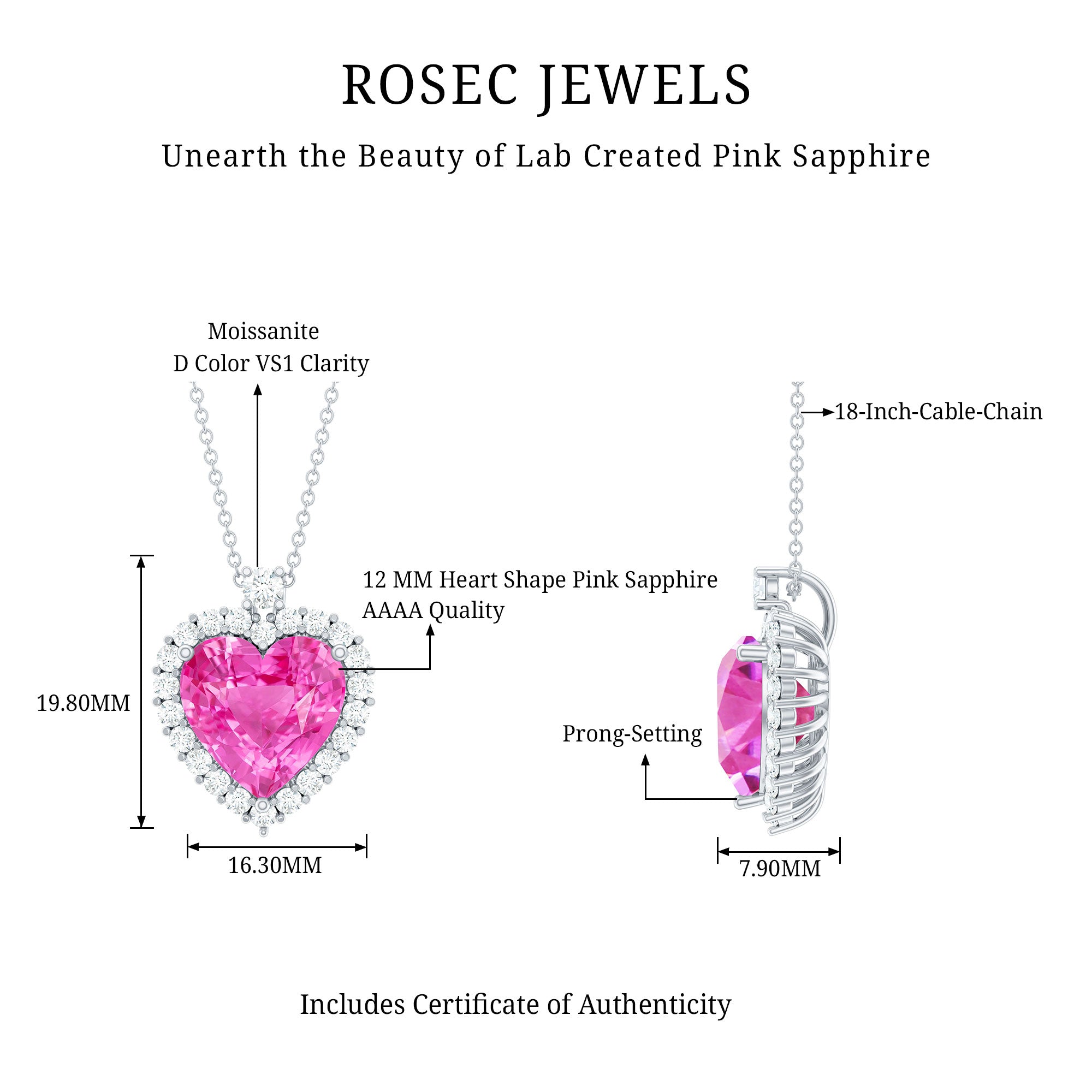 Lab Grown Pink Sapphire 12mm Heart Necklace With Silver Chain