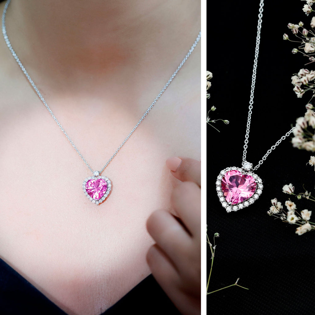 Lab Grown Pink Sapphire 12mm Heart Necklace With Silver Chain