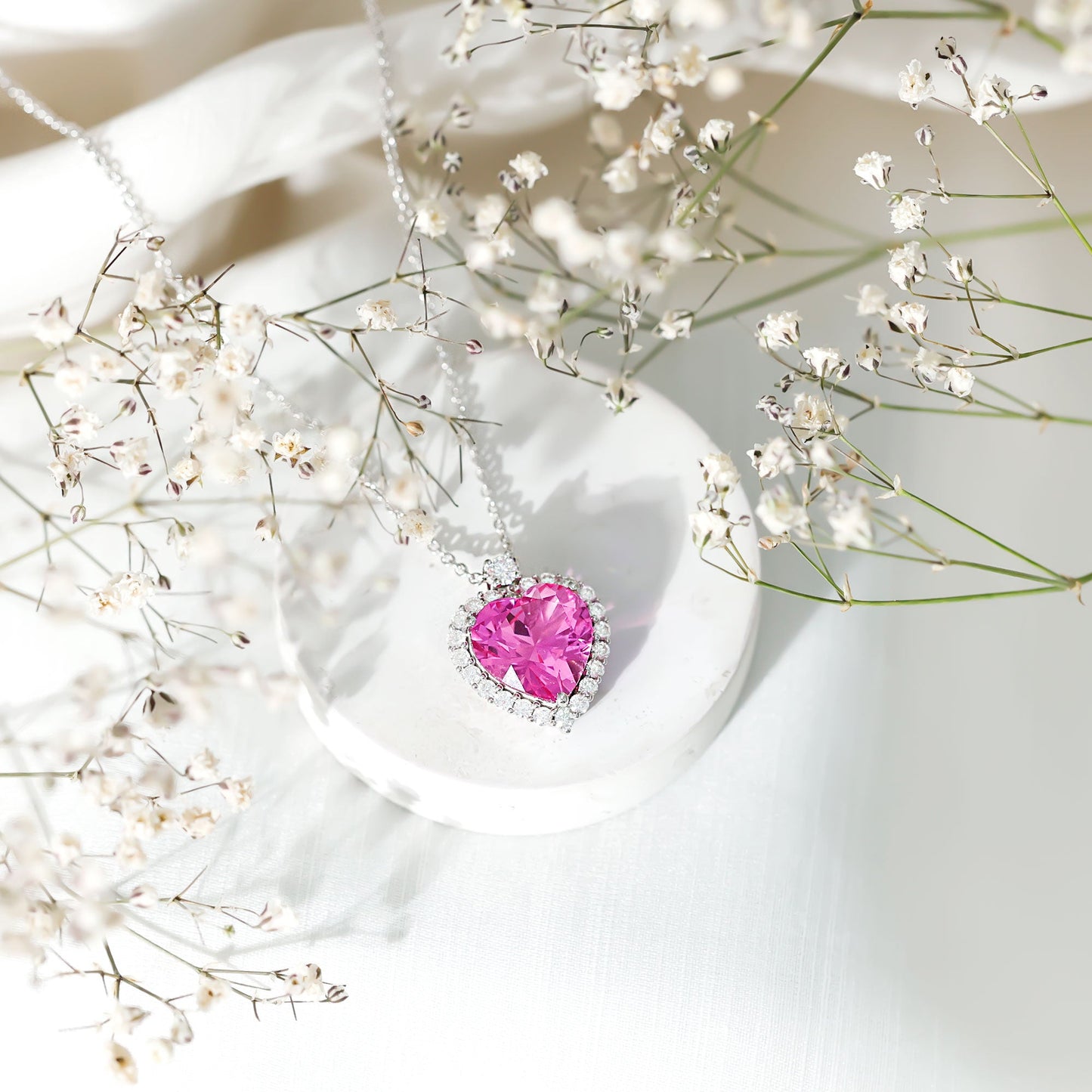 Lab Grown Pink Sapphire 12mm Heart Necklace With Silver Chain