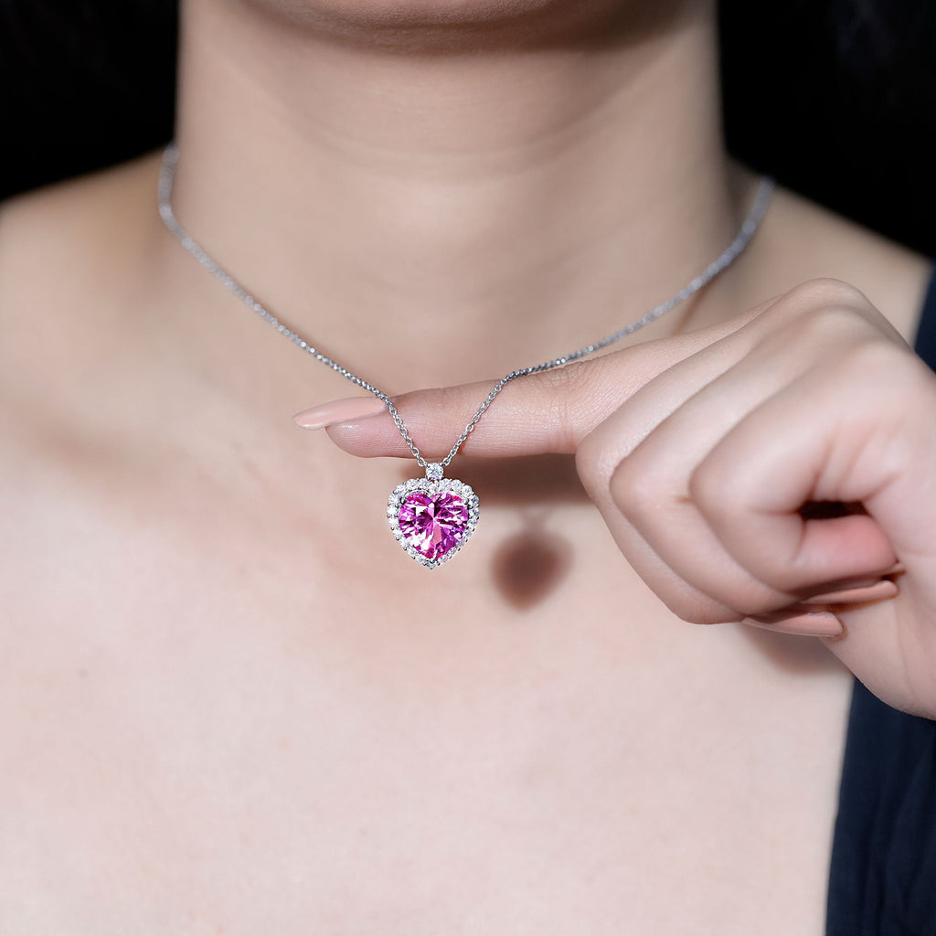 Lab Grown Pink Sapphire 12mm Heart Necklace With Silver Chain