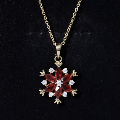 Real Garnet Flower Necklace Yellow Gold Plated Silver Pendant for Women