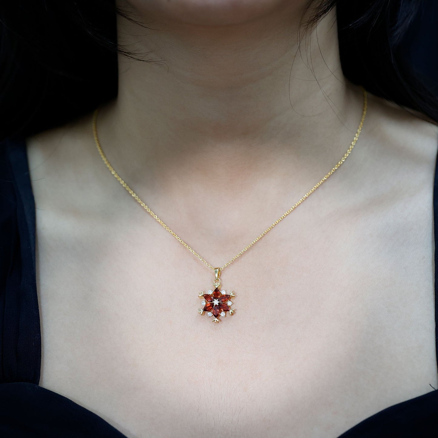 Real Garnet Flower Necklace Yellow Gold Plated Silver Pendant for Women