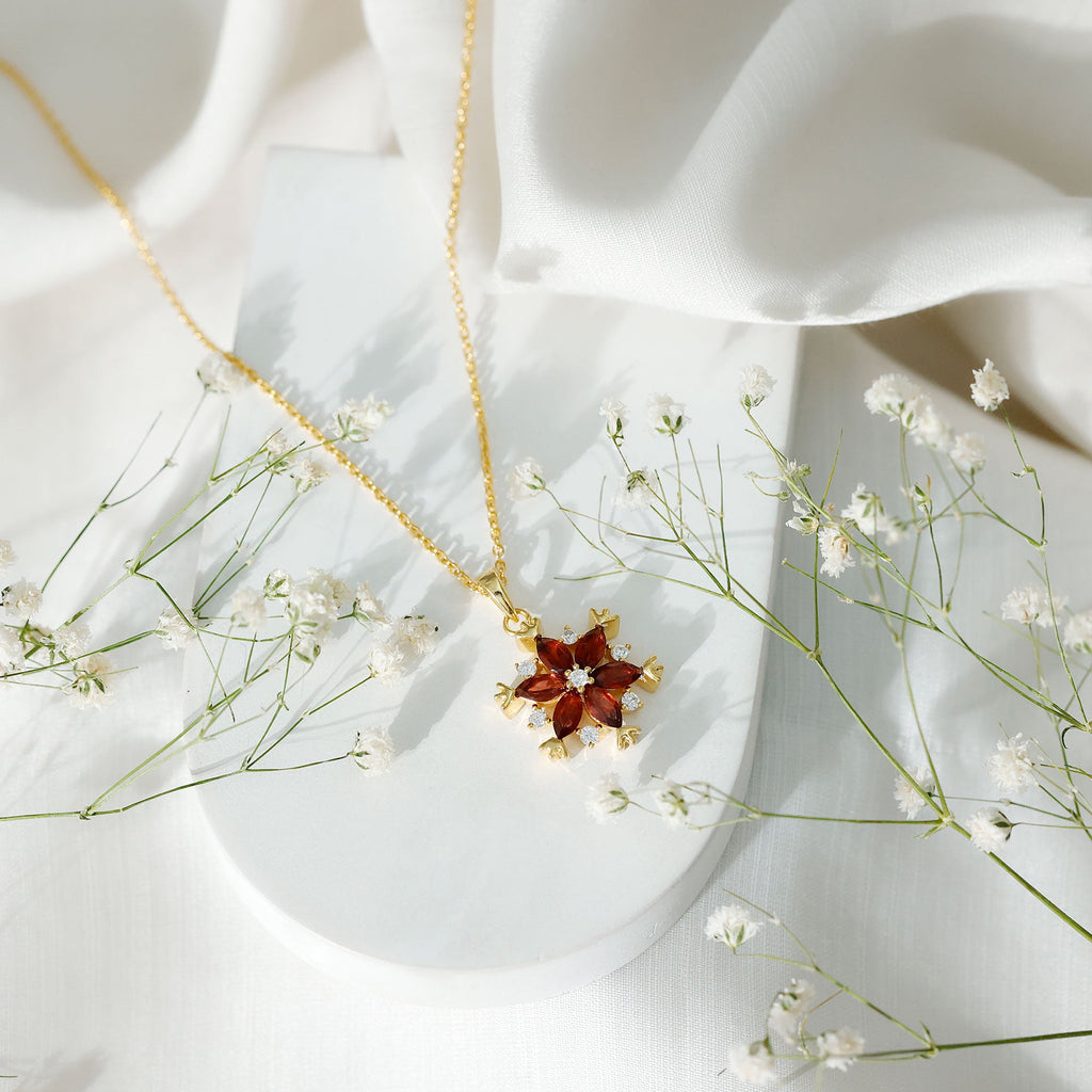 Real Garnet Flower Necklace Yellow Gold Plated Silver Pendant for Women